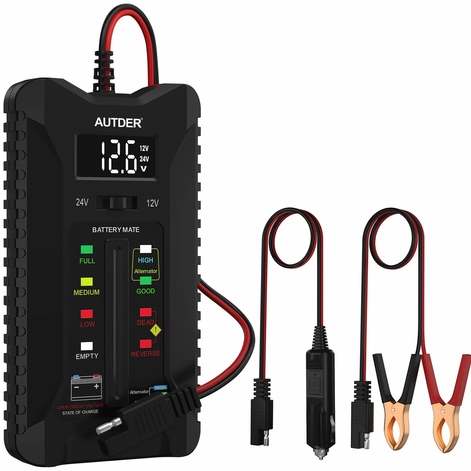AUTDER Tester Digitale della Batteria, Volmetro 12V/24V per Batterie Auto & Moto, Analizzatore del Sistema di Carica Alternatore con Display LCD e Indicatori LED, Due Modalità di Test