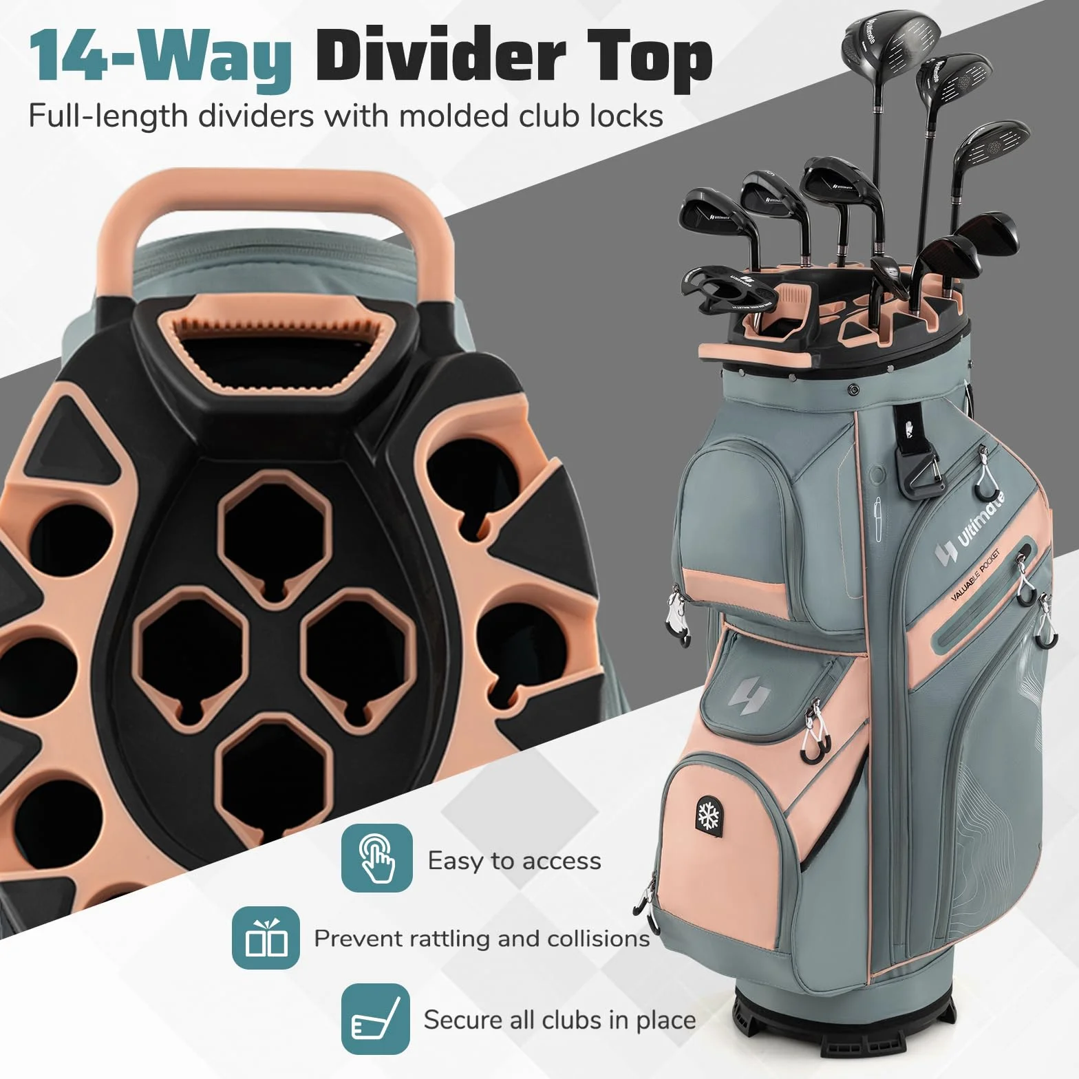 LIFEZEAL Borsa da golf con 14 divisori e 11 tasche portatile con cinghia e supporto ombrelli