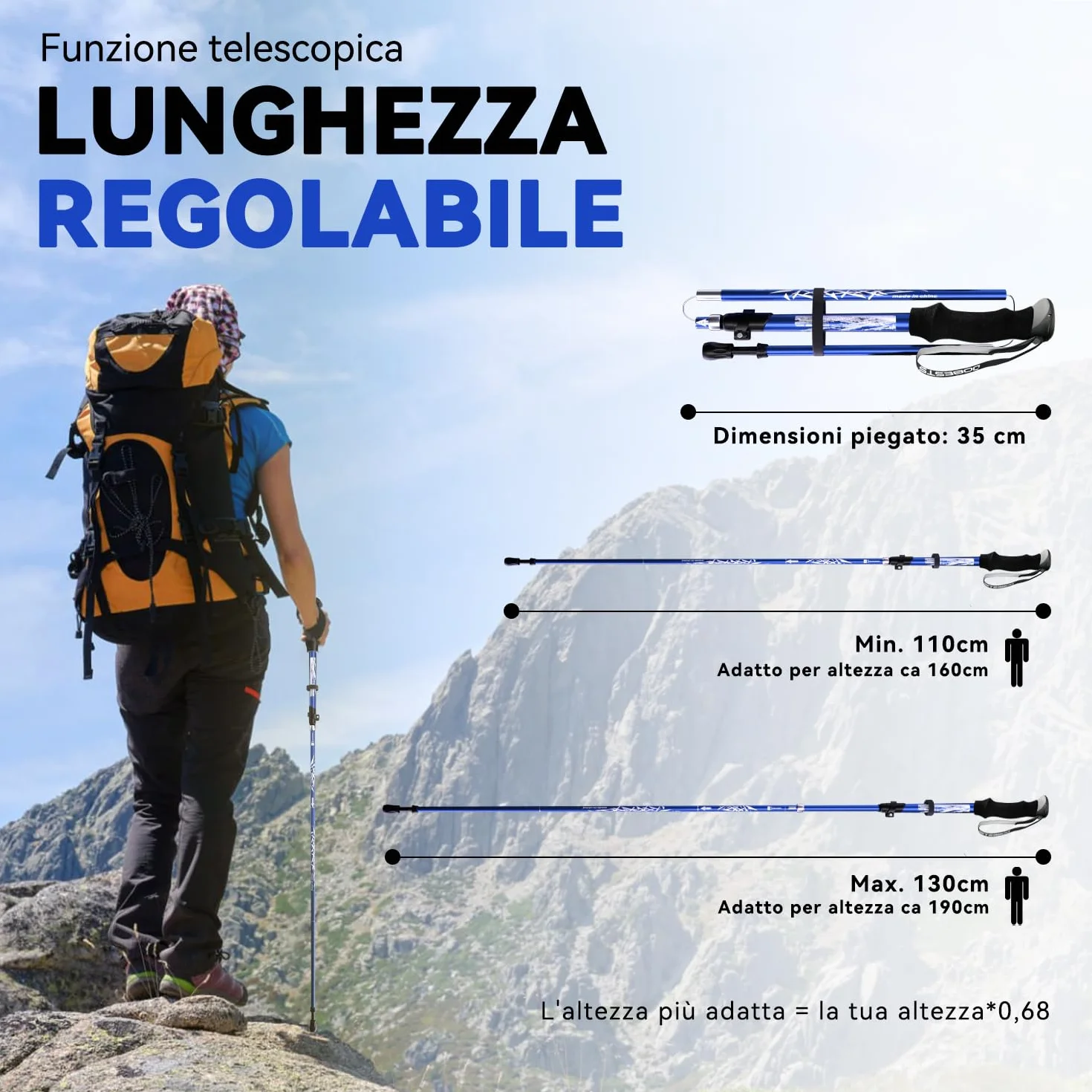 Bastoni da Trekking Pieghevoli Nordic Walking in Alluminio e Carbonio Regolabili 110-130 cm