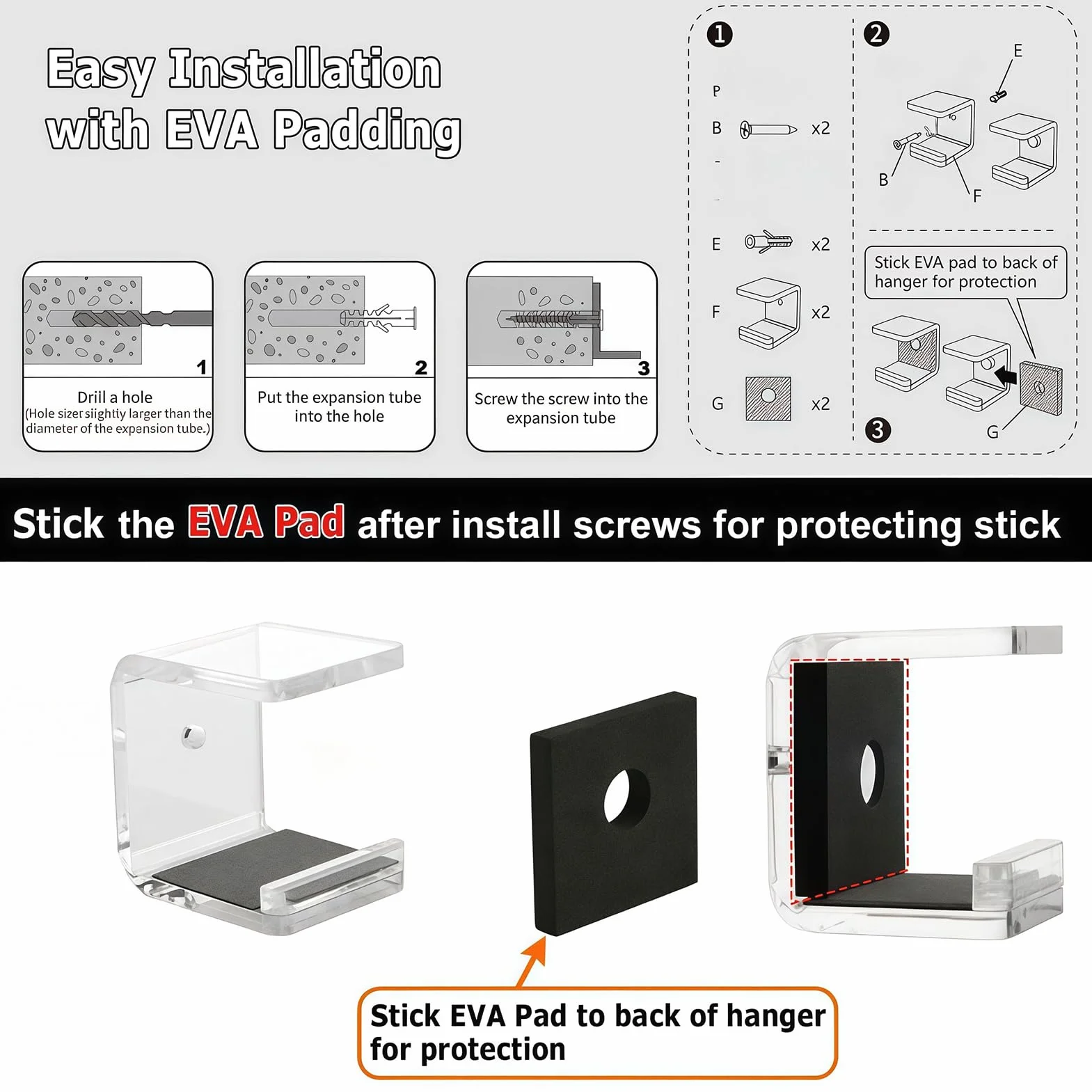 2-Piece Horizontal Hockey Stick Wall Mount Hook - Sport Equipment Holder with Anti-Scratch Pad for Garage Storage