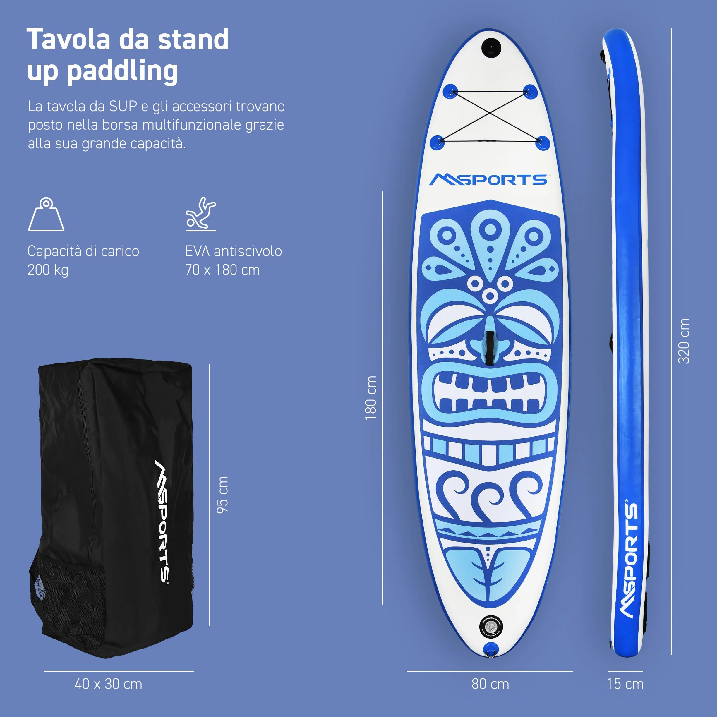 MSPORTS Stand Up Paddle Board gonfiabile completo paddleboard accessori pagaia regolabile, pompa di alta qualità + 2 bastoncini + custodia impermeabile per smartphone + borsa multifunzione