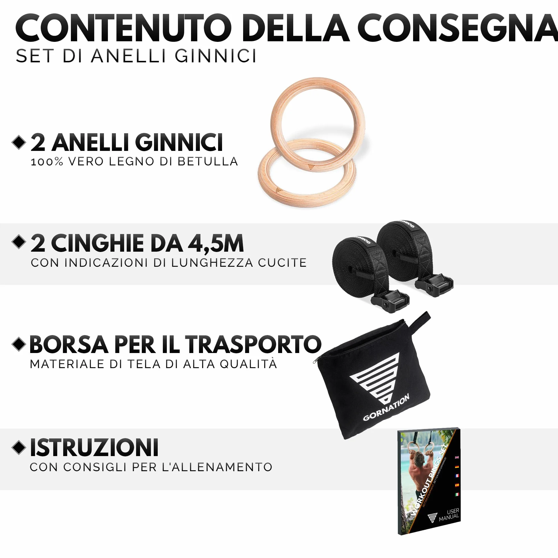 GORNATION Anelli per Calisthenics in Legno, Anelli Olimpici da Ginnastica con Cinghie Regolabili e Sacca