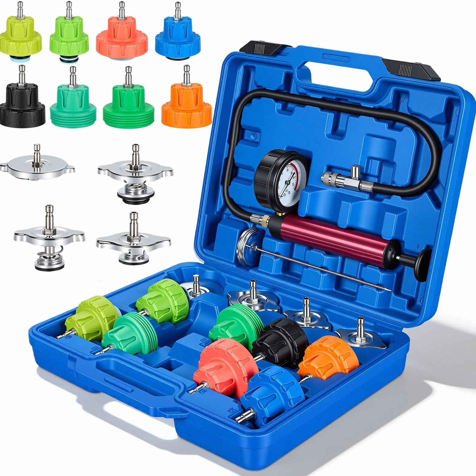Tester Per Sistema Raffreddamento, 15 PCS Attrezzi Auto Tester 4 Adattatori Metallici 8 Tappi Prova Pompa Liquido Raffreddamento Rilevatore Perdite Serbatoio Dell'acqua Adatto Alla Maggior Parte Auto