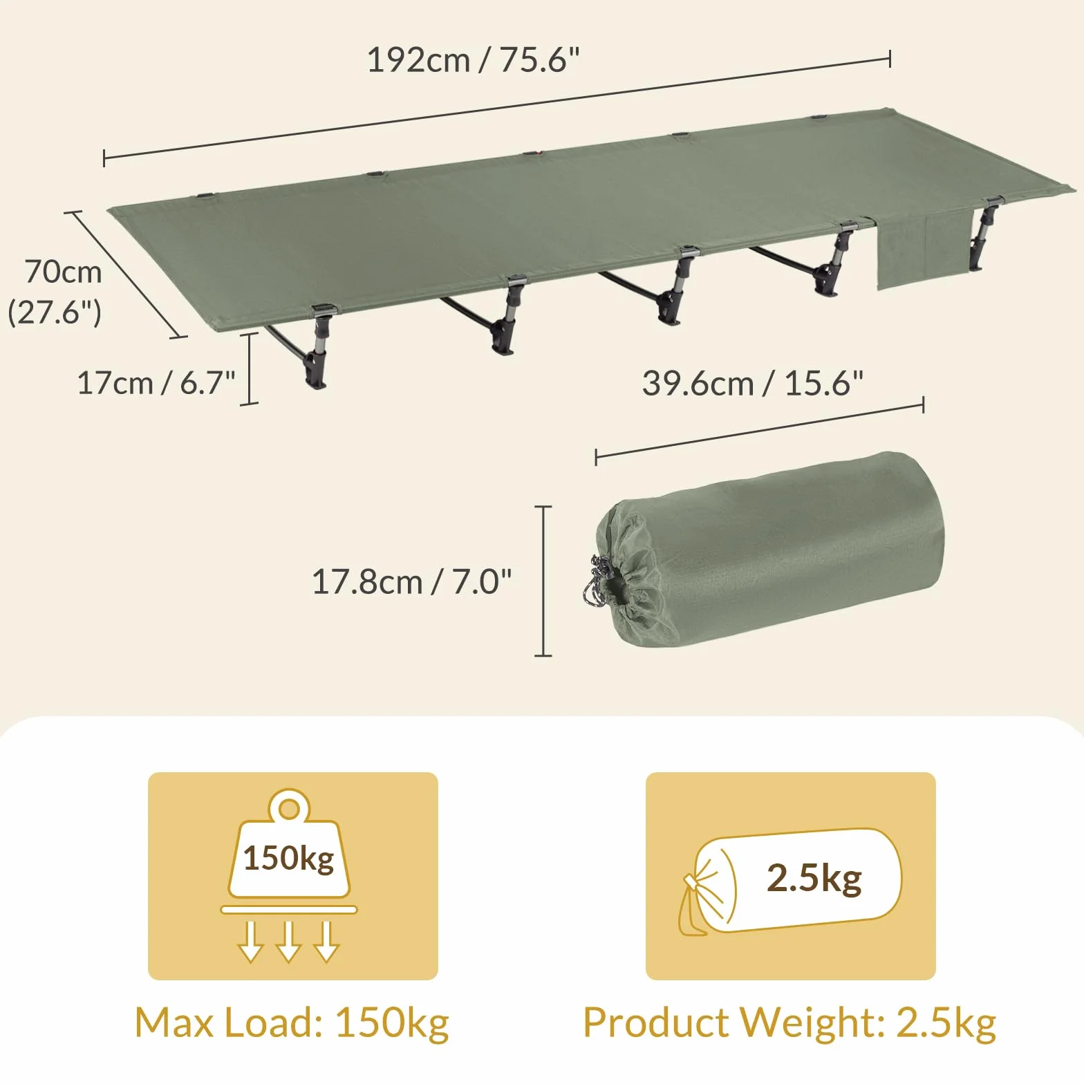Leogreen Lettino da Campeggio Pieghevole 192x70x17cm Carico Massimo 150 kg Portatile