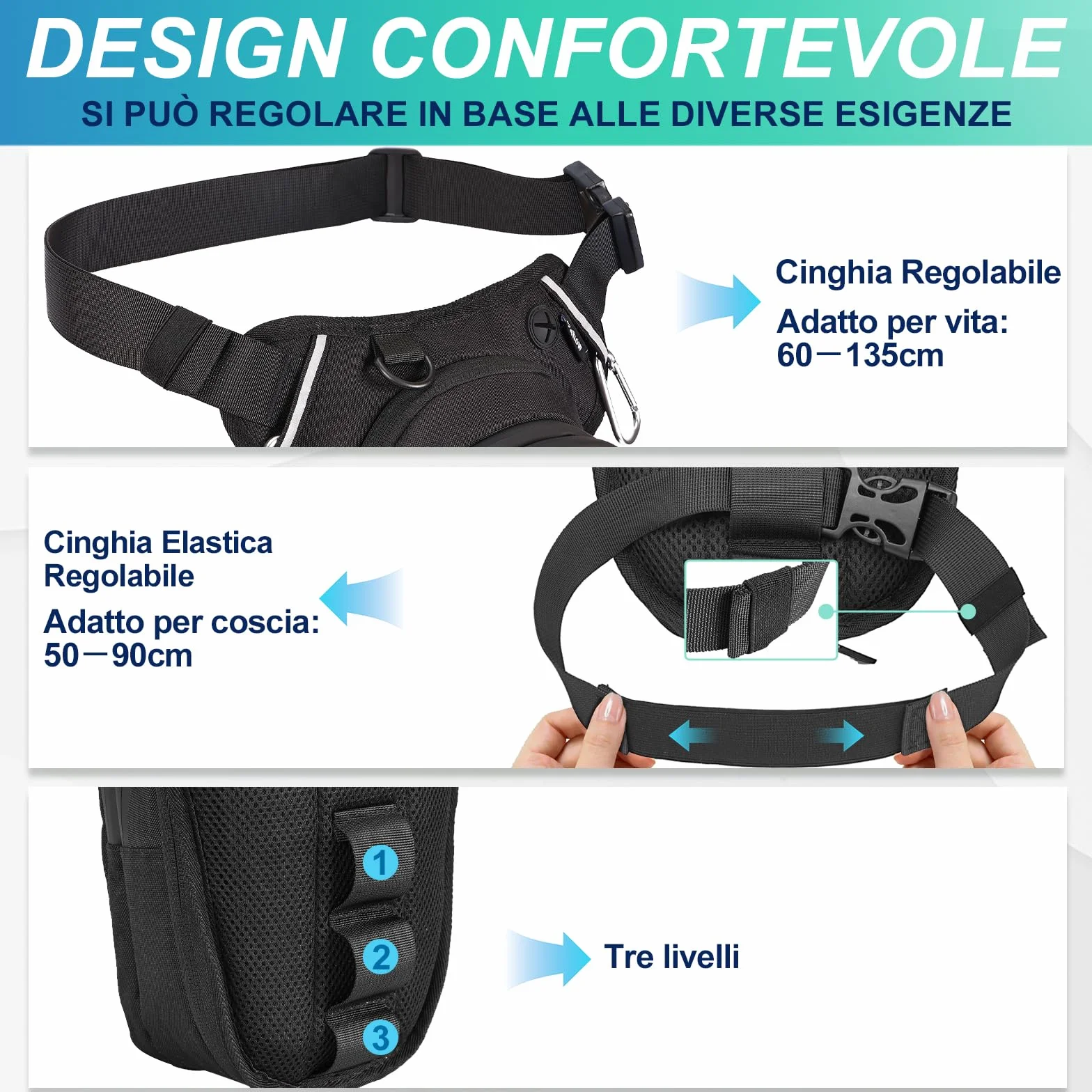 Eshow Marsupio da Gamba Moto, Borsa Cosciale Espandibile con Striscia Riflettente e Cintura Regolabile per Uomo Donna, Borsello Sportivo Nero