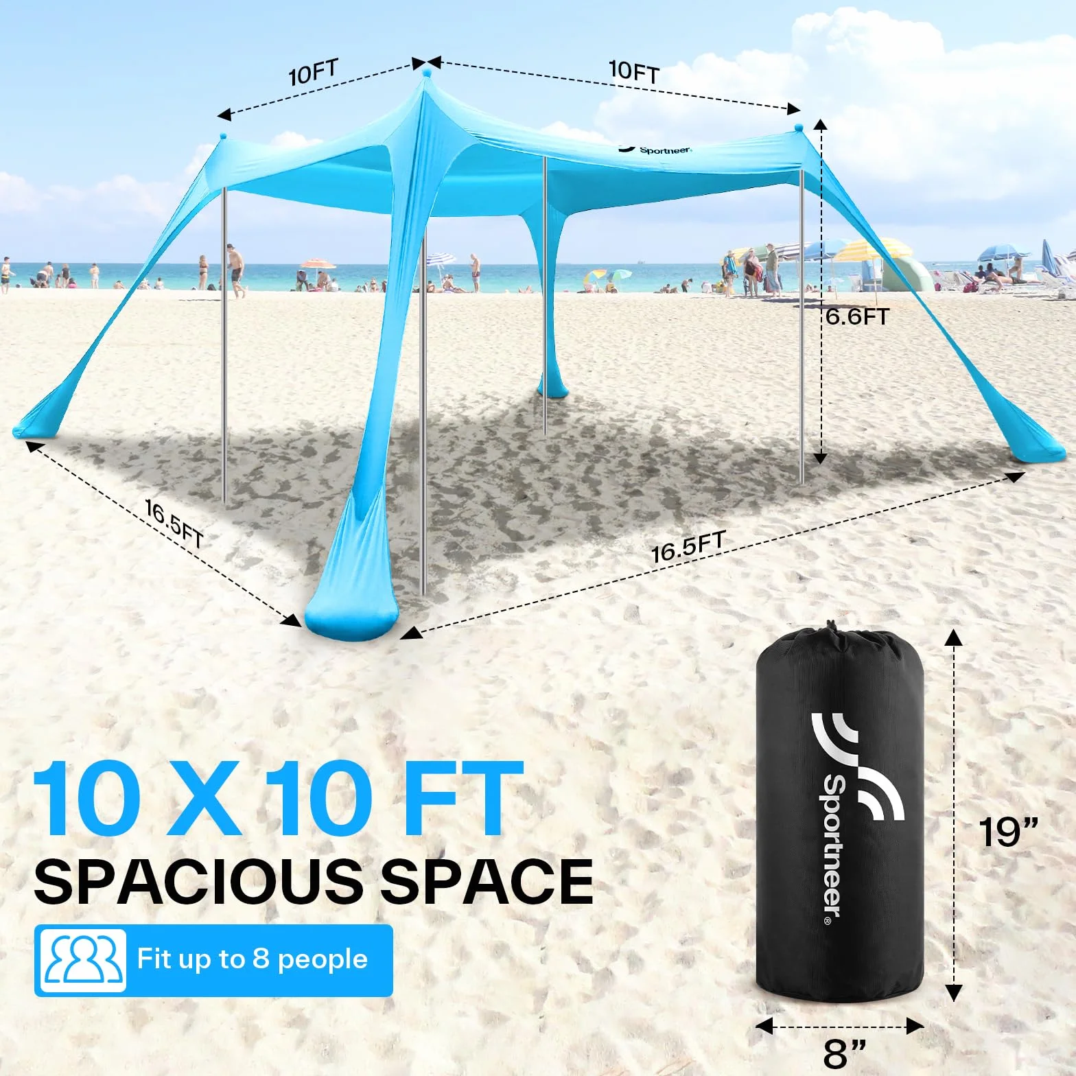 Sportneer - Tenda a baldacchino da spiaggia, tenda da spiaggia, parasole UPF50+, con 4 pali di stabilità, pala di sabbia e picchetti per spiaggia, campeggio, cortile, picnic all'aperto