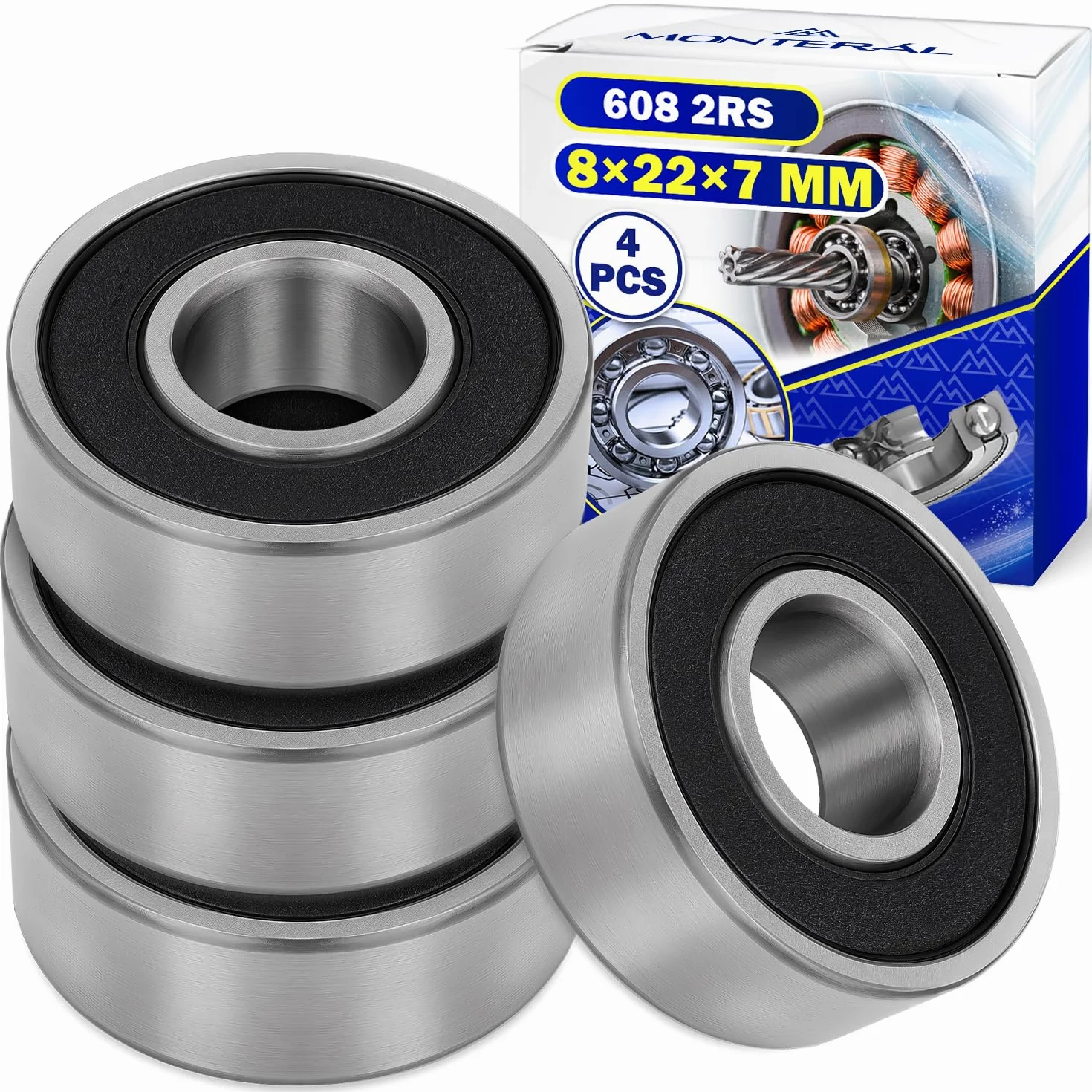 4 Pezzi Cuscinetti a Sfera 608 2RS per il Motore con Dimensione 8x22x7 mm - MONTERAL