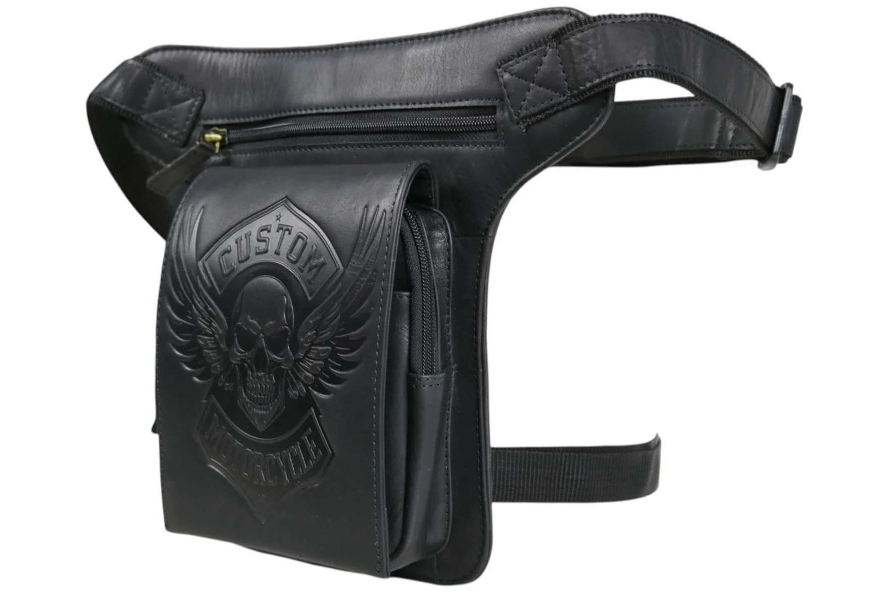 Borsa da gamba moto vera pelle uomo marsupio biker vintage teschio Custom Motorcycle MDM T81 Nero