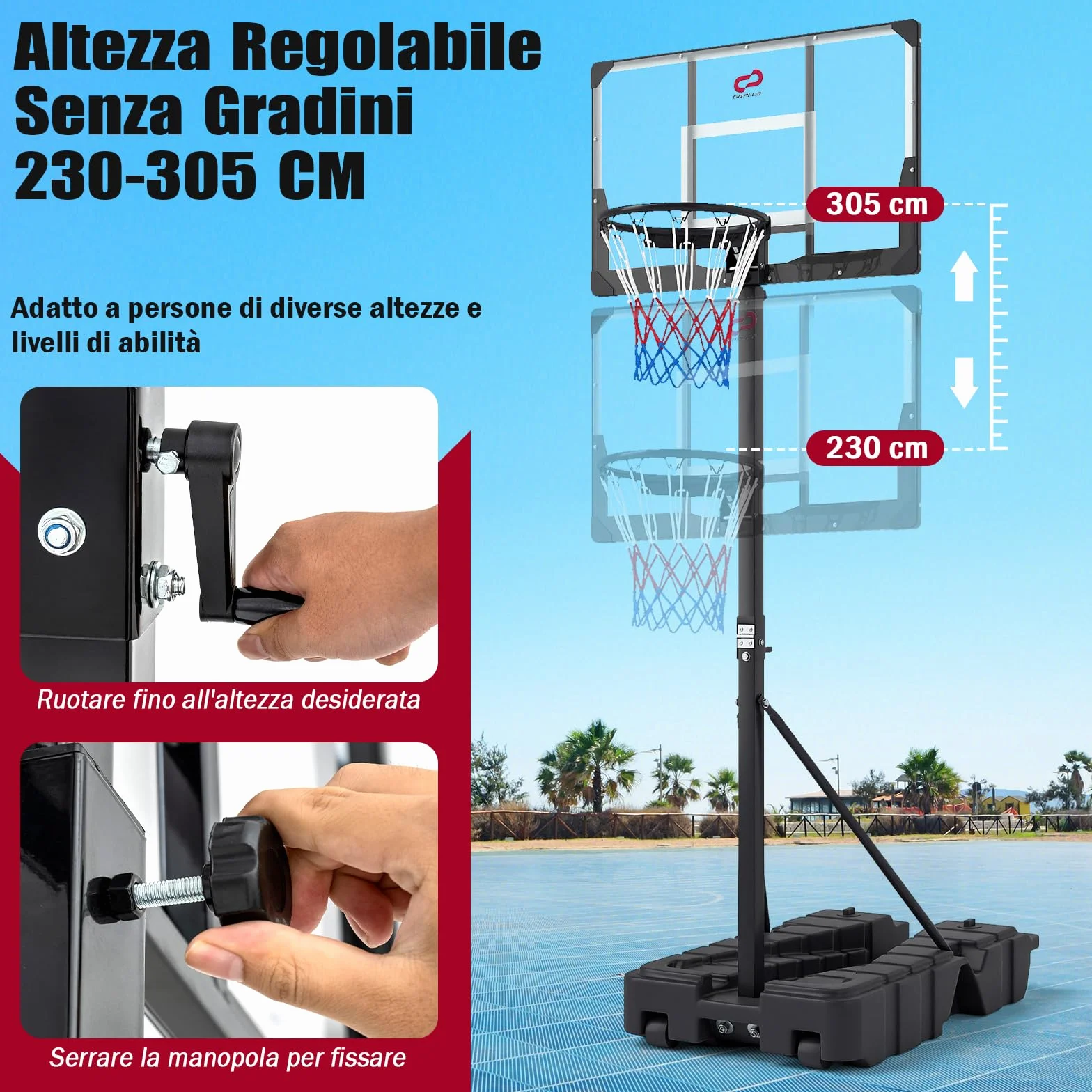 COSTWAY Canestro da Basket Professionale Pieghevole Altezza Regolabile 230-305 cm Tabellone PC Infrangibile Base Mobile con Ruote Riempibile