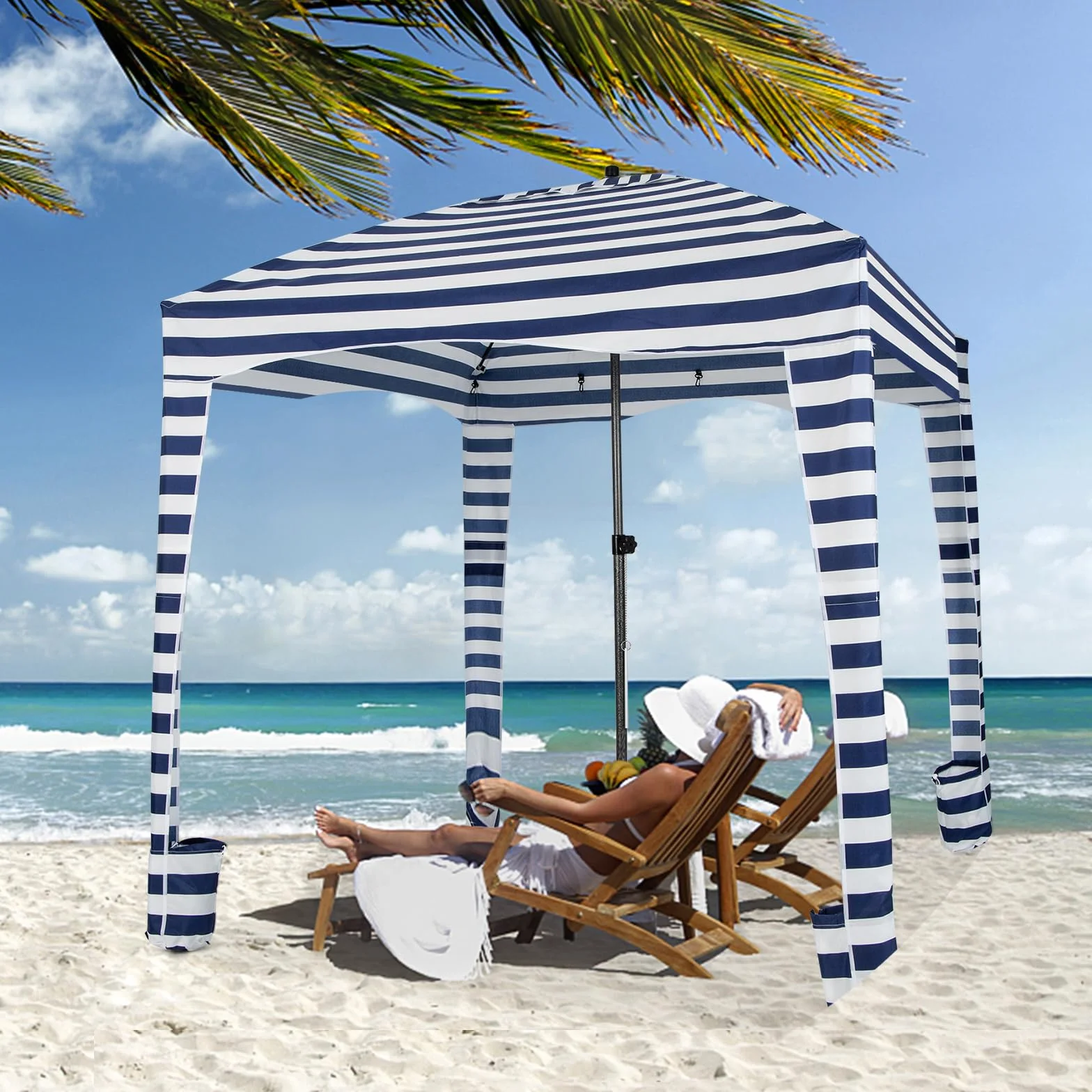 HOMASIS Tenda da Spiaggia Portatile 1,8 x 1,8 m, Parasole Spiaggia con Protezione Solare Regolabile in Altezza, Gazebo con Parete Laterale Rimovibile, Tenda con Borsa per il Trasporto (Blu)