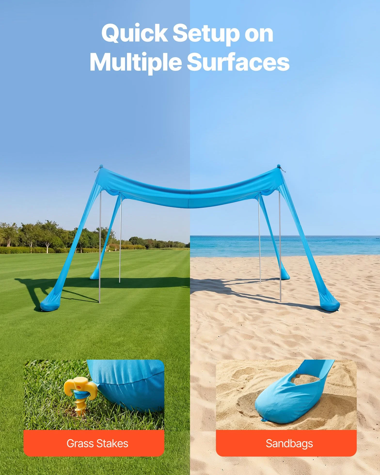 VEVOR Tenda Parasole Portatile da Spiaggia per Esterno Protezione Solare UPF 50+ 3 x 3 x 2 m, Parasole da Spiaggia con Pali di Supporto Ancoraggio Tenda Portatile per Campeggio Viaggio Pesca, Blu
