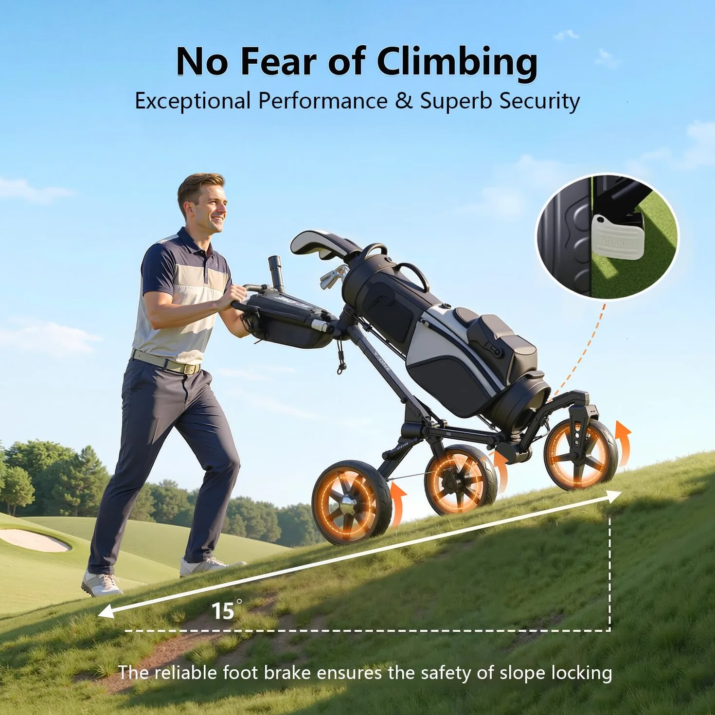 Trolley da golf 3 ruote con ruota anteriore girevole 360° pieghevole vano portaoggetti manico regolabile