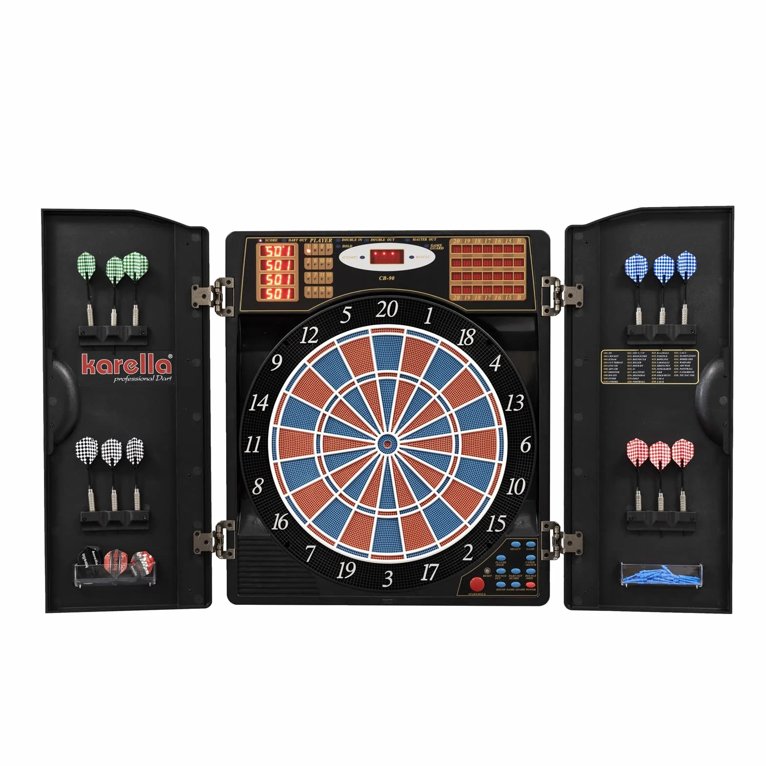 Karella CB-90 Bersaglio elettronico 38 Giochi 211 Varianti Dimensioni torneo 2 Fori 12 Freccette morbide
