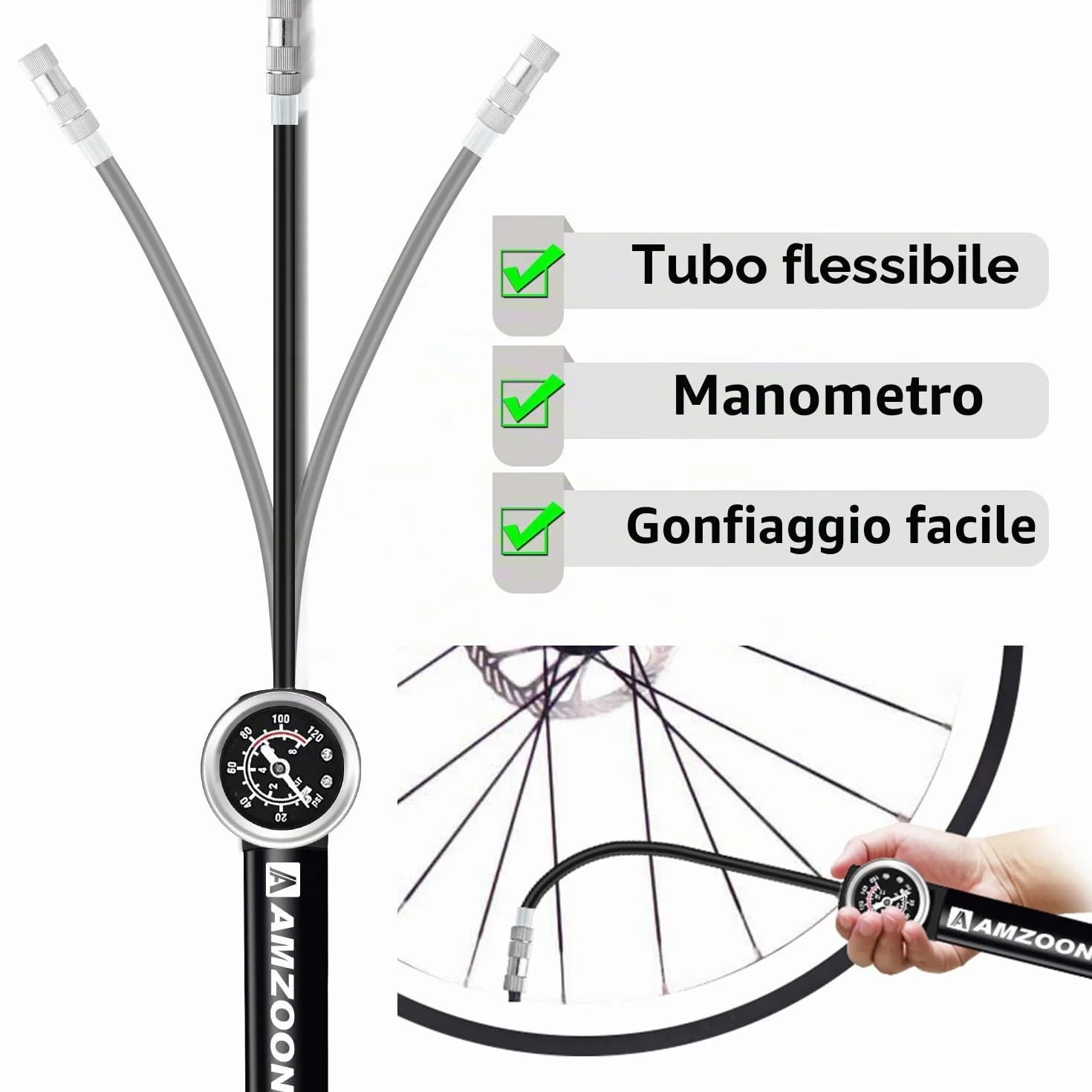Pompa per bicicletta con manometro tubo allungato Schrader Presta ago gonfiaggio Velo