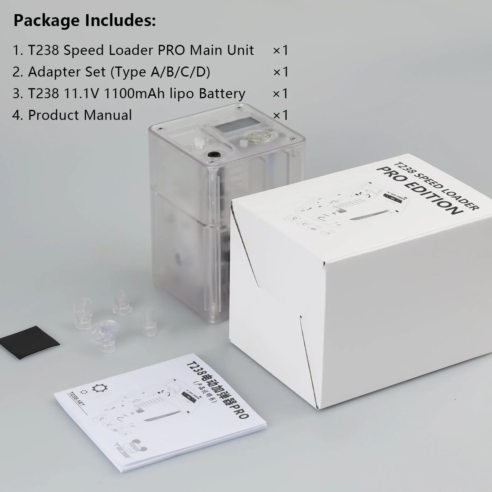 Softair Speedloader PRO: caricatore automatico caricatore, 21 BBS/s, OLED, capacità 1800rd, 4 adattatori, protezione antibloccaggio, inclusa batteria da 11,1 V 1100 mAh