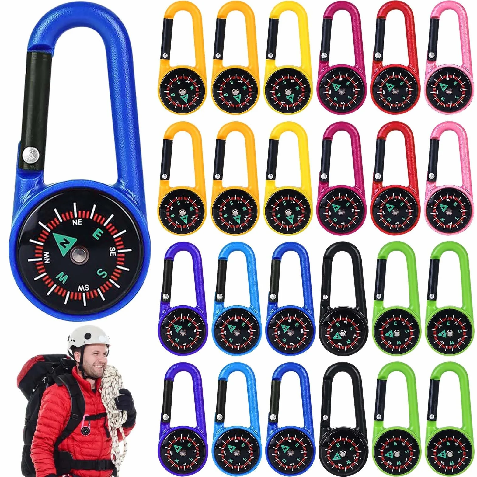 GOMETY 24 mini bussola colorata portachiavi con moschettone multifunzione per attività all'aperto