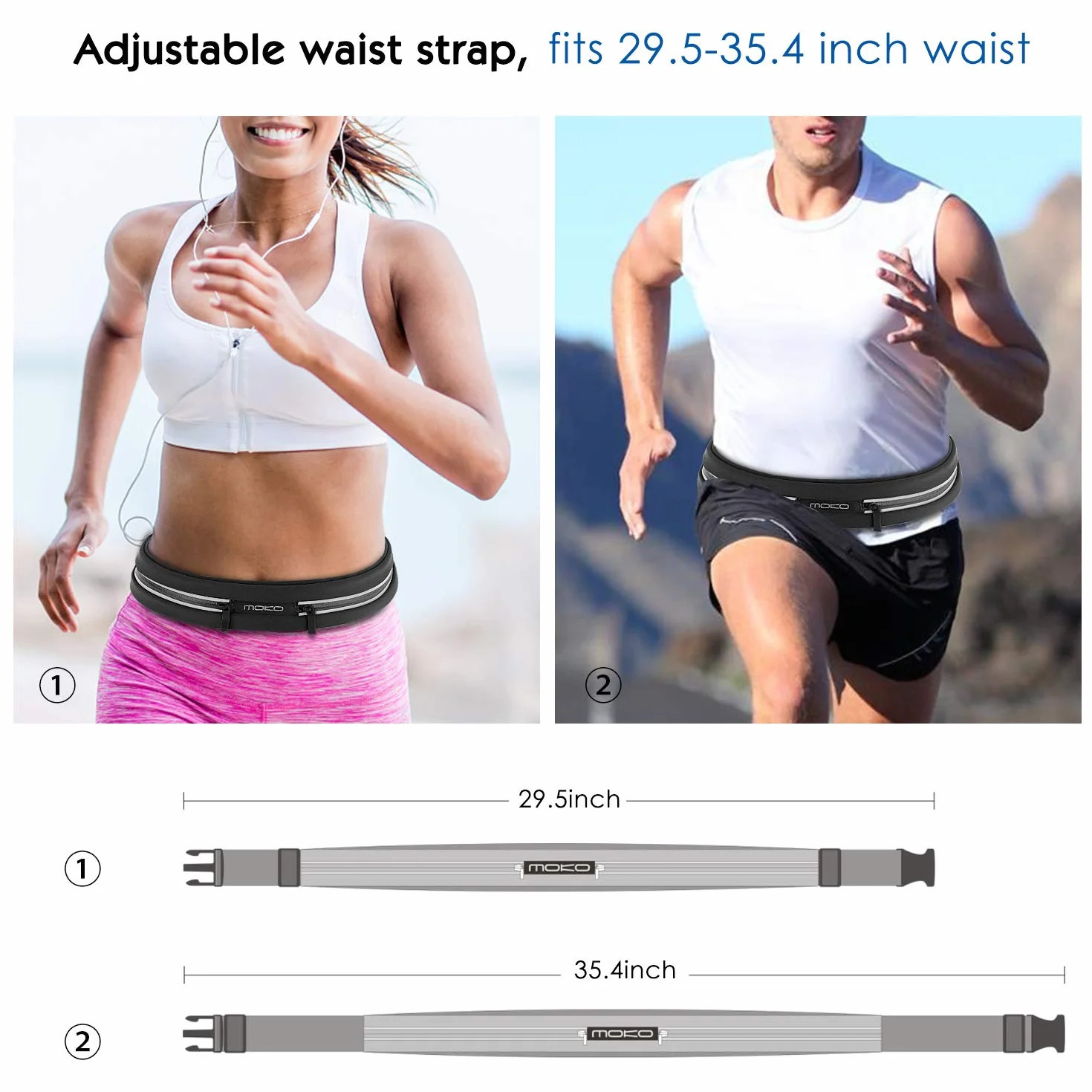 MoKo Marsupio Sportivo Running Impermeabile con Fasce Riflettenti, Cintura da Corsa Regolabile Doppia Tasca per iPhone 11/11 Pro/11 PRO Max/XS/XR, Nero