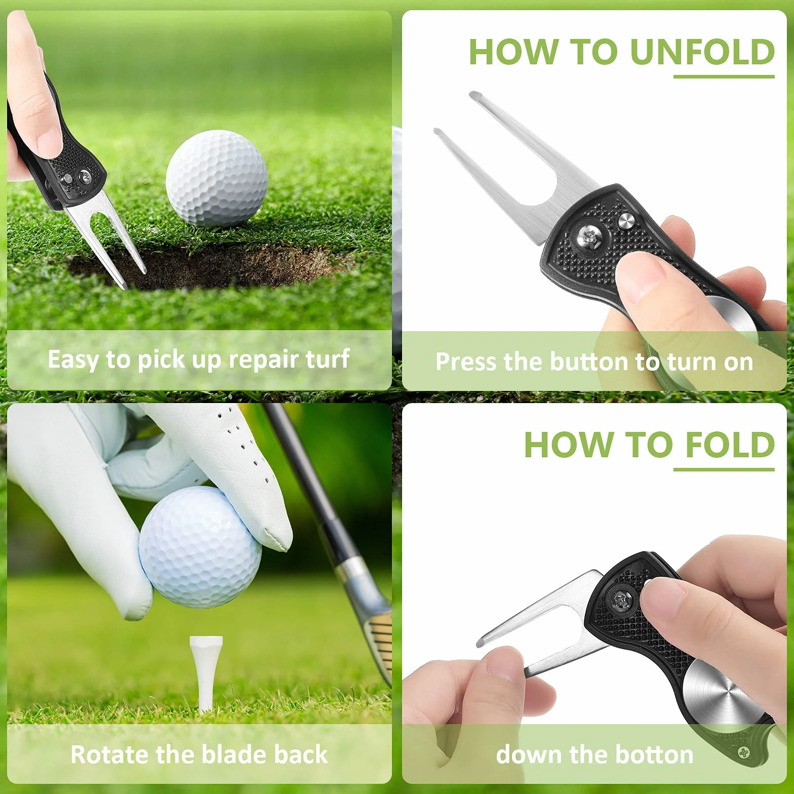 Strumento di Riparazione Divot Golf in Acciaio Inossidabile Forcone Pieghevole con Pennarello, Nero