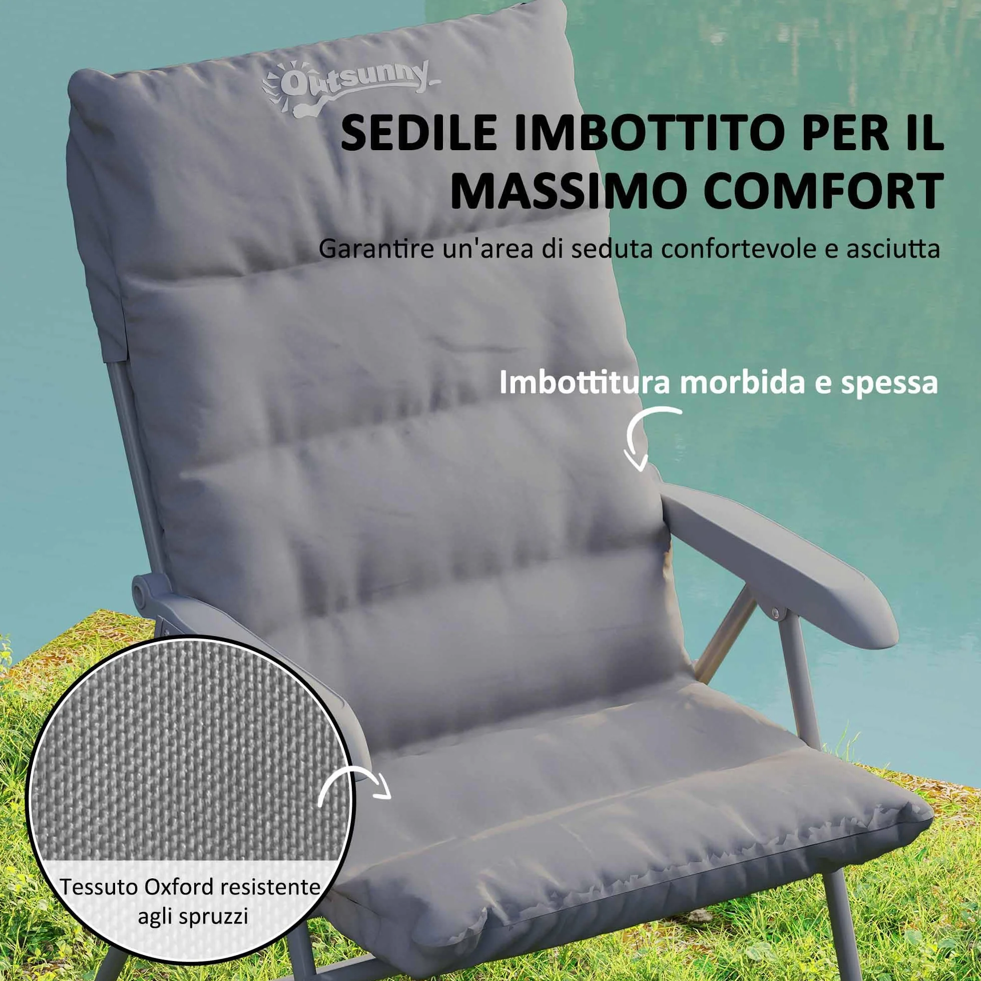 Outsunny Sedia da Campeggio Pieghevole con Schienale Alto Regolabile su 5 Livelli e Tasche Laterali, Sedia da Giardino in Tessuto Oxford e Metallo, Portata Fino a 120 kg, 66x58x105 cm, Grigio Chiaro