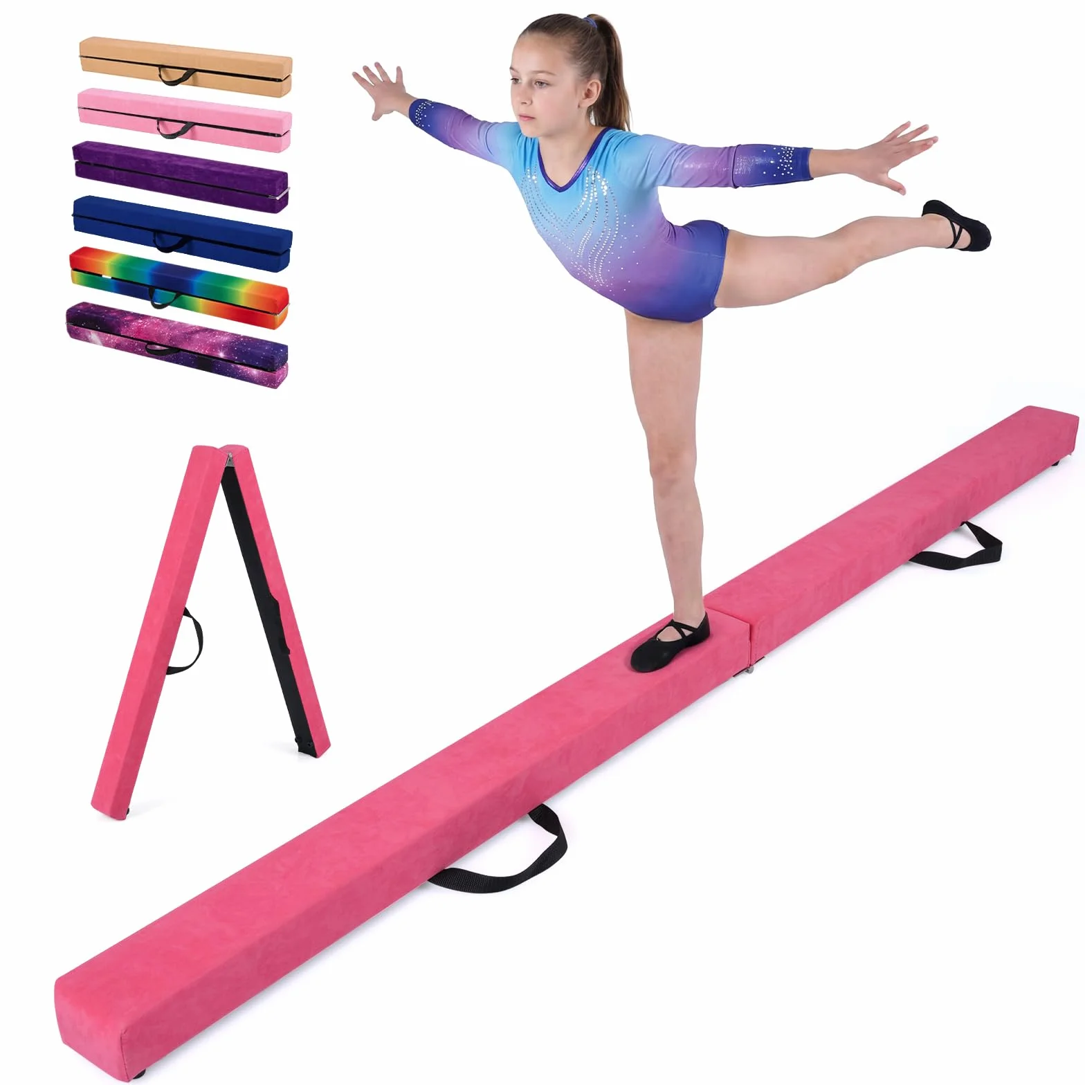 COSTWAY Trave Ginnastica Artistica Pieghevole per Bambini 210-270 cm, Base in Legno Antiscivolo
