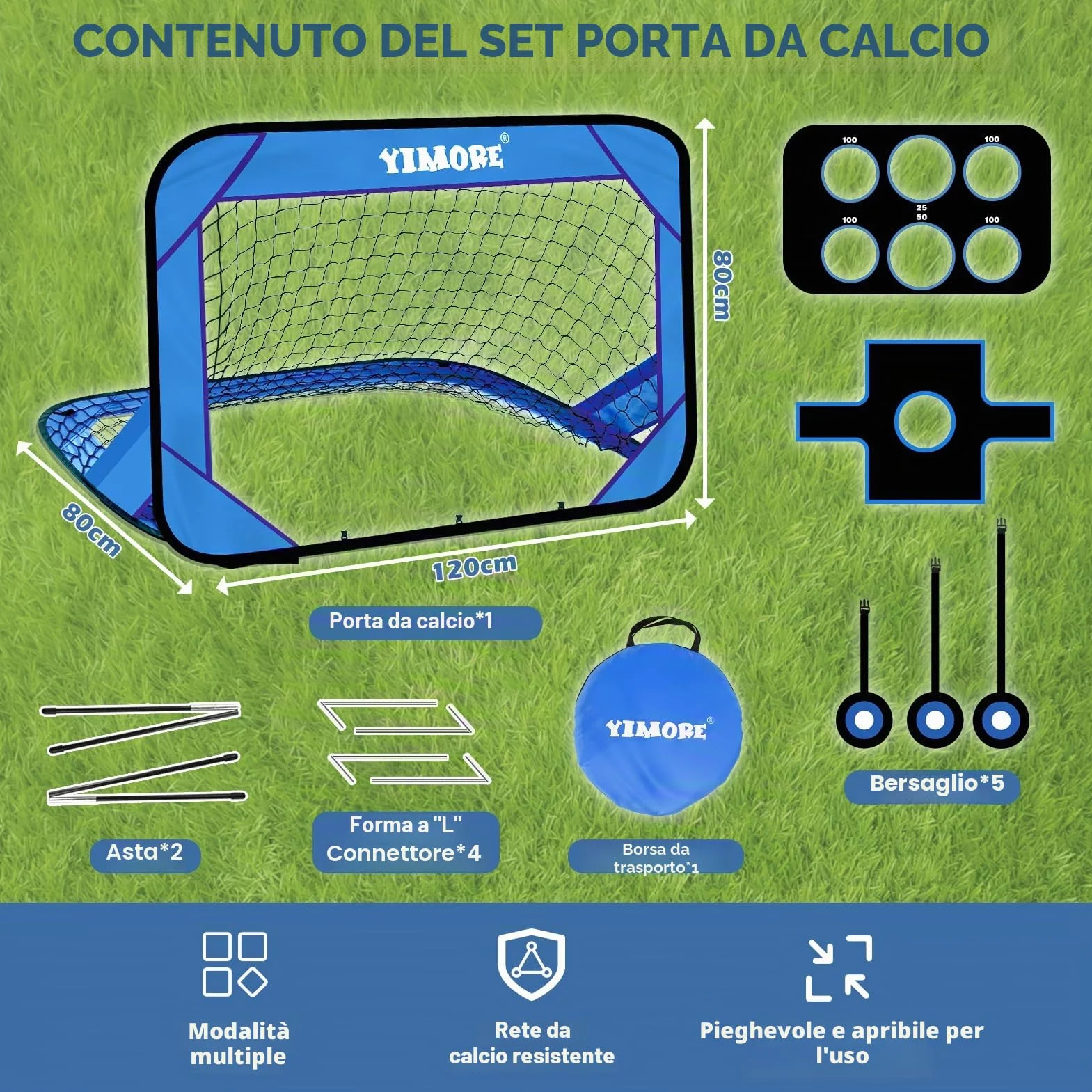 YIMORE Porta da Calcio per Bambini 120x80x80cm con Borsa a Mano 4 Modalità Interno Esterno
