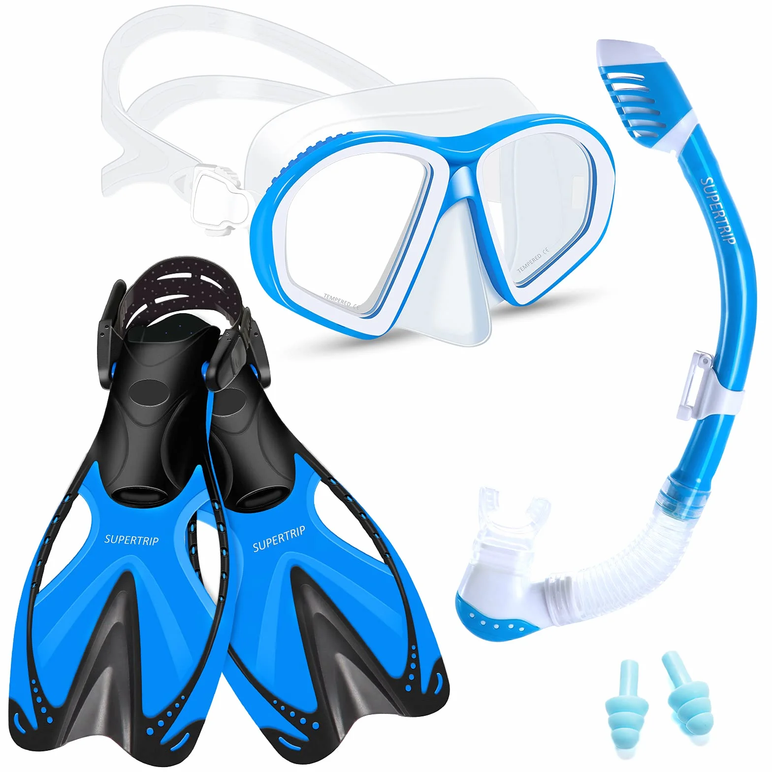 Supertrip Set da snorkeling bambini 3 pezzi pinne regolabili occhiali subacquei vetro temperato boccaglio ad asciugatura premium