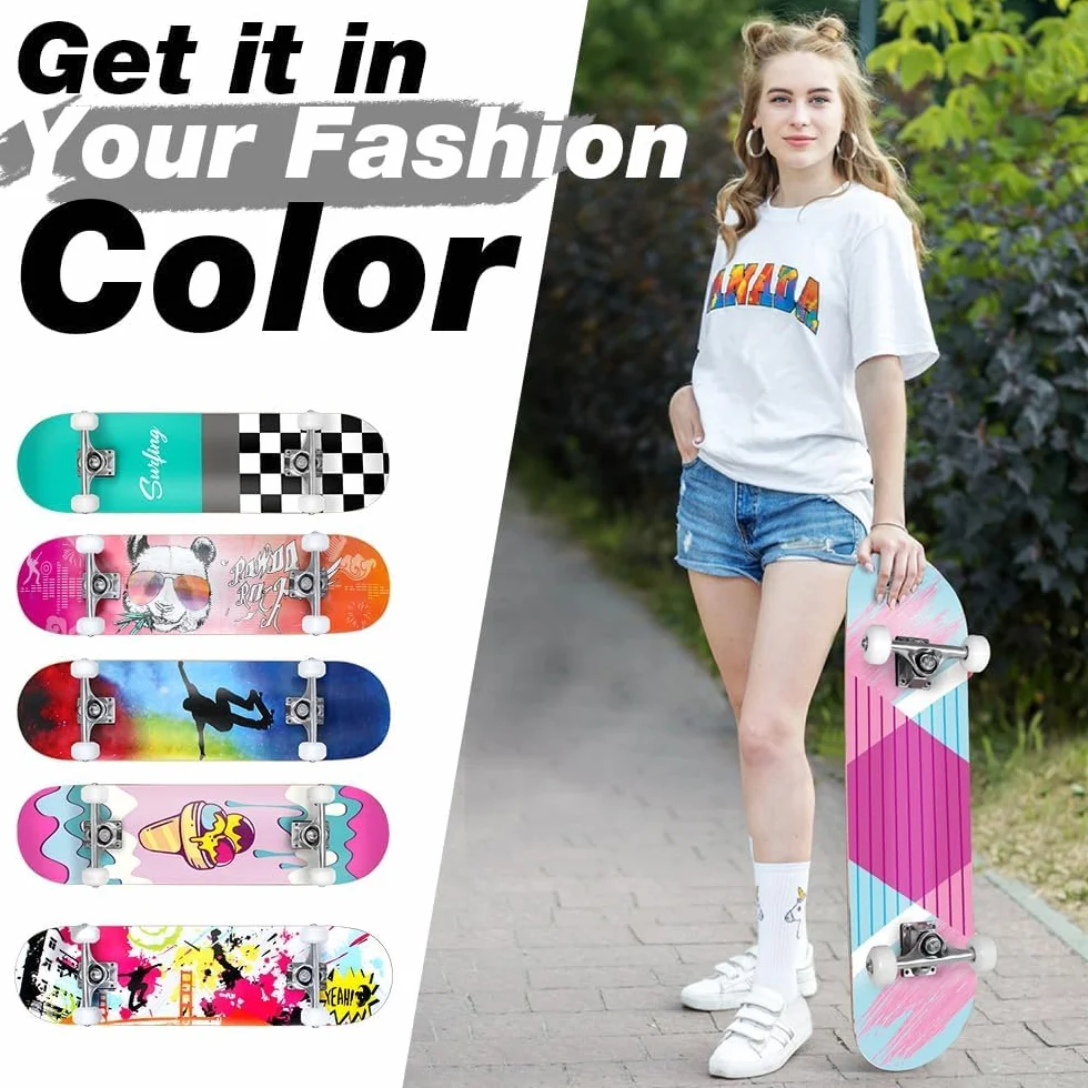 BELEEV Skateboard 31x8 per Principianti, Bambini, Adolescenti e Adulti, Completo Pro Cruiser Skateboard per Ragazza Ragazzo, Acero Canadese a 7 Strati, Doppio Vassoio Concavo, con Strumento a T