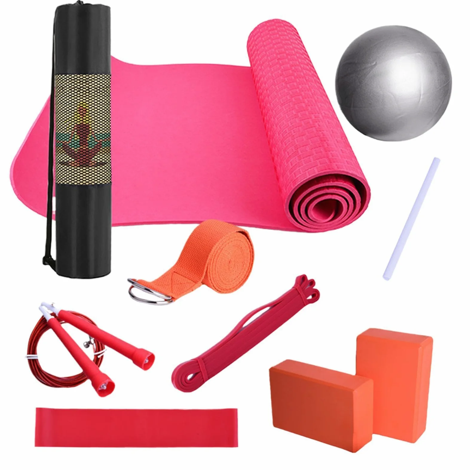 Kit yoga per allenamento a casa, tappetino da yoga con borsa per il trasporto, fascia di resistenza portatile, attrezzatura per esercizi per casa, palestra, pilates, stretching