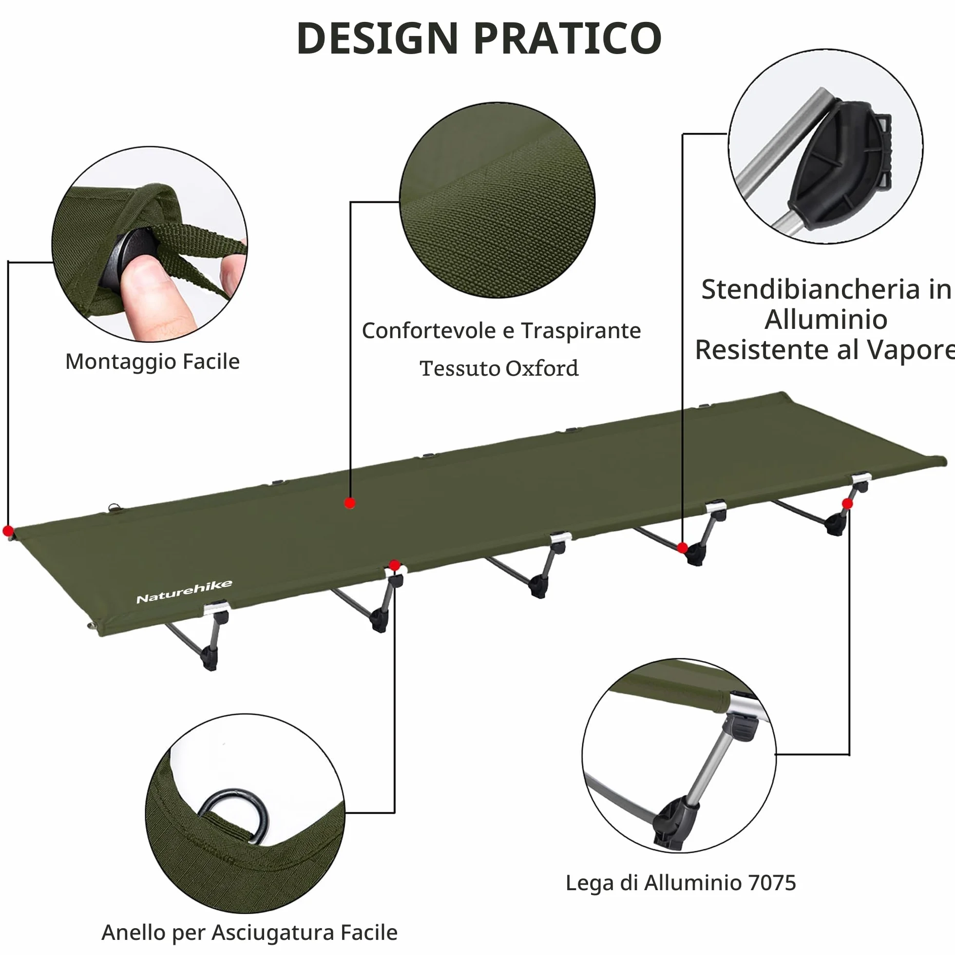Naturehike Letto da Campeggio Pieghevole Compatto Ultraleggero Portatile Carico Massimo 150 kg