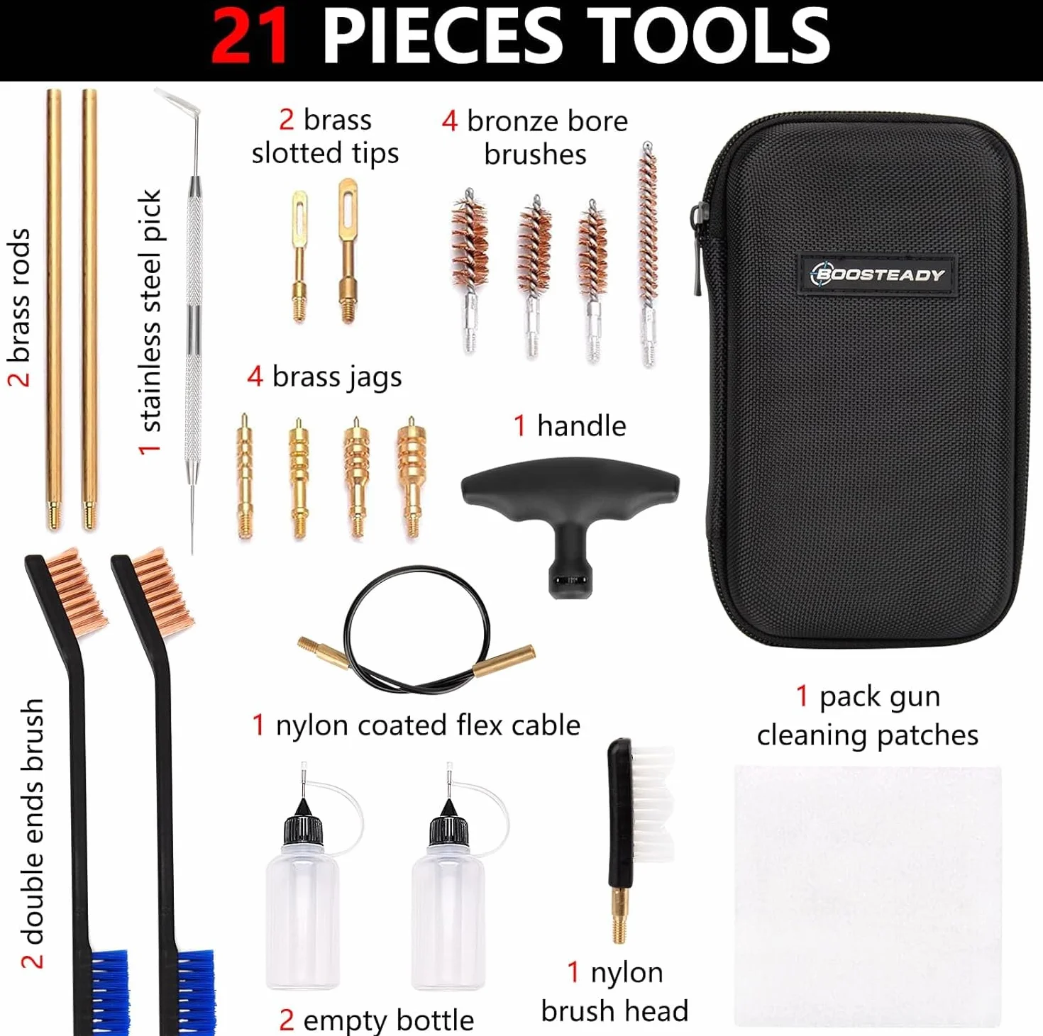 BOOSTEADY Kit Pulizia Universale per Pistole, Set Manutenzione Calibri .22 .357 .38 9mm .45 - Spazzole Bronzo Adattatori Ottone