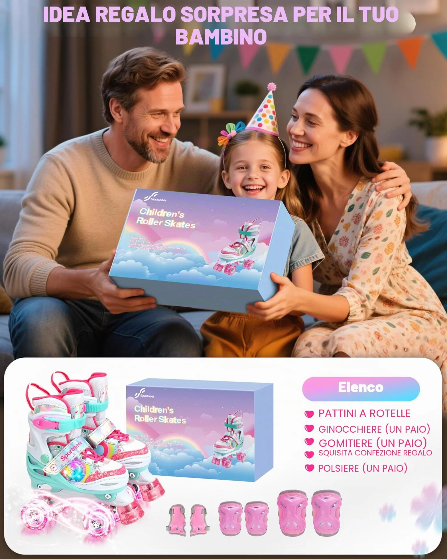 Pattini a rotelle per bambine regolabili 4 misure con 8 ruote LED illuminate
