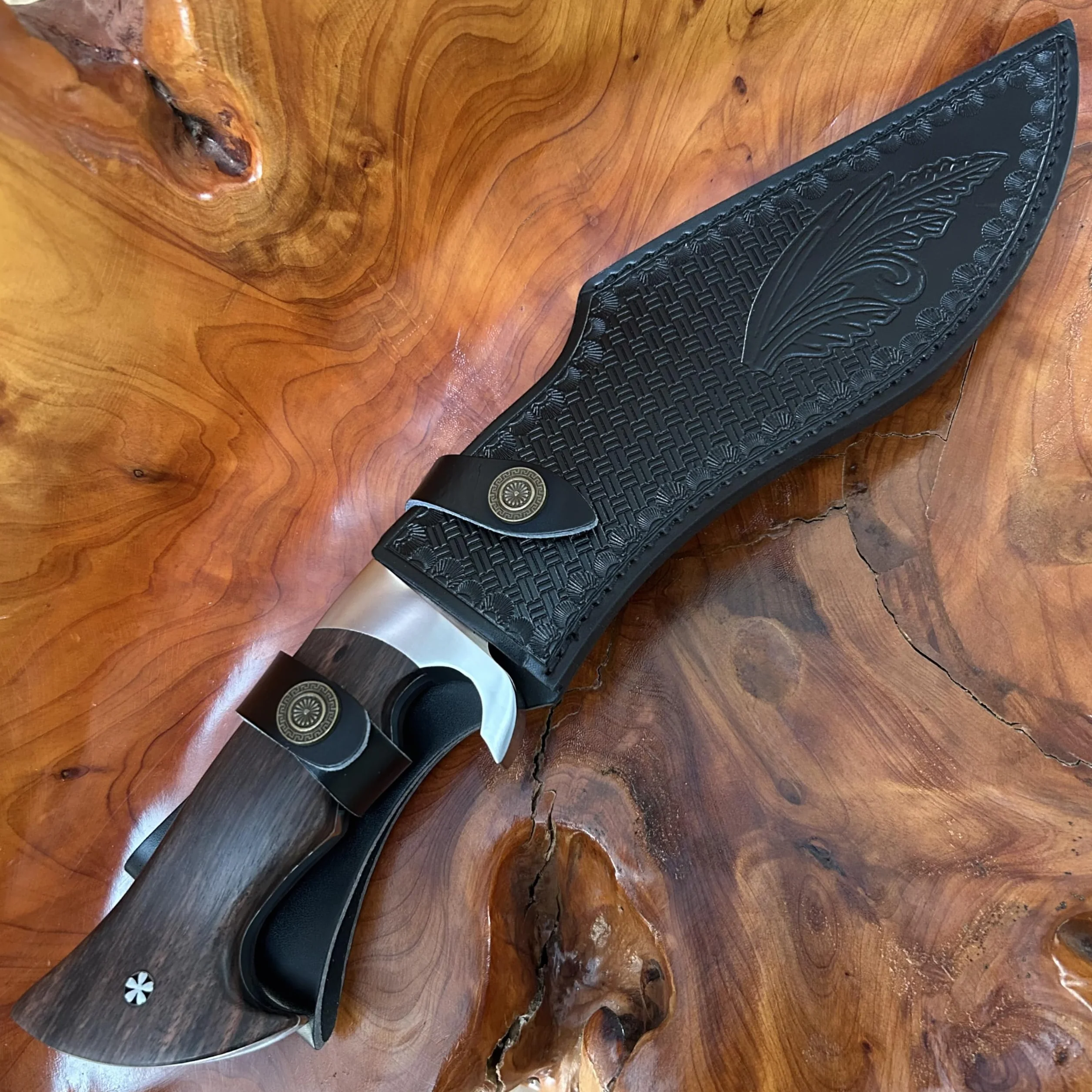 39cm【peso coltello 0.77kg】 machete pesante - Tang completo 60HRC Lama in acciaio ad alto tenore di carbonio Manico in legno di ebano Con fodero in pelle di mucca