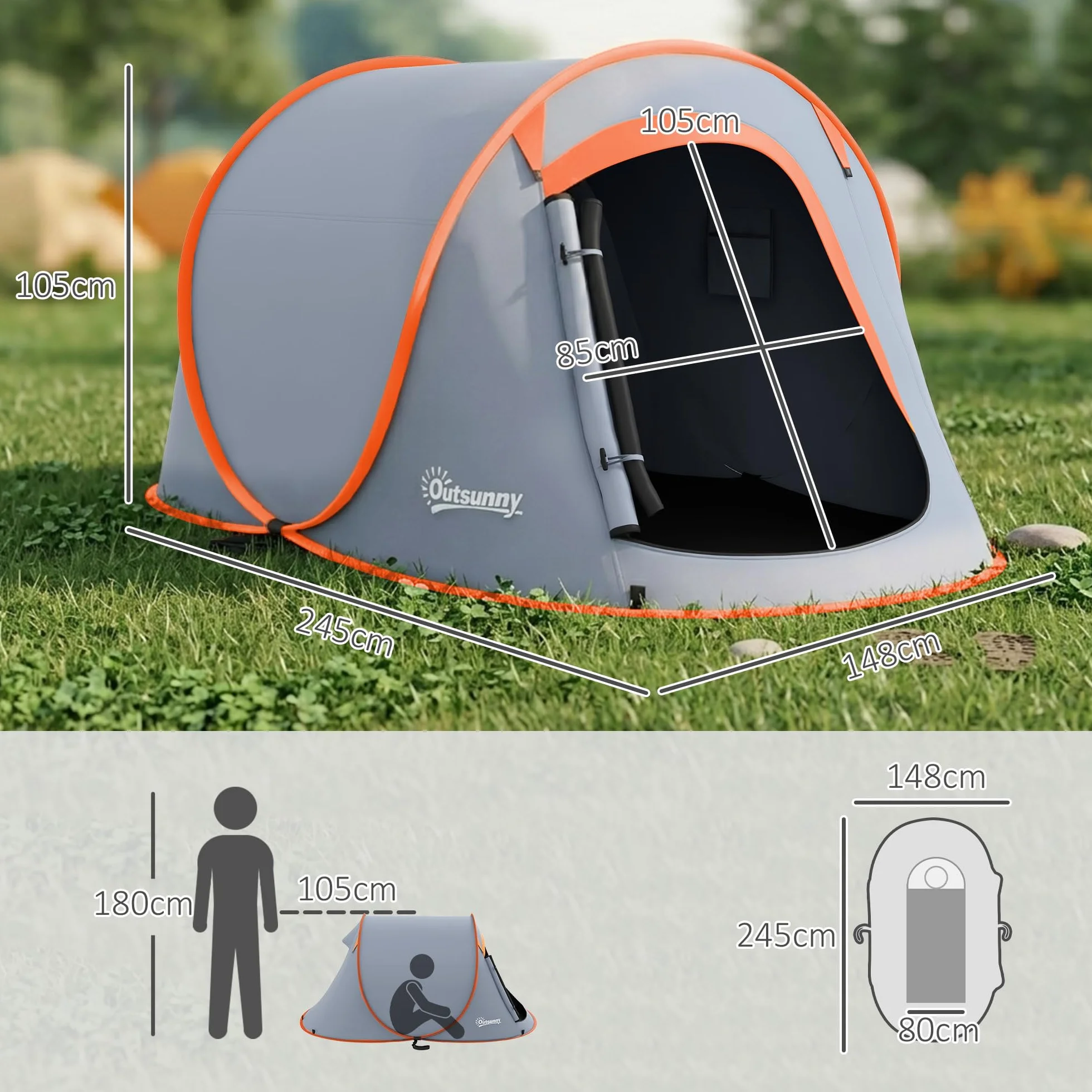 Outsunny Tenda da Campeggio Impermeabile 2-3 Posti Pop Up 245x148x105 cm