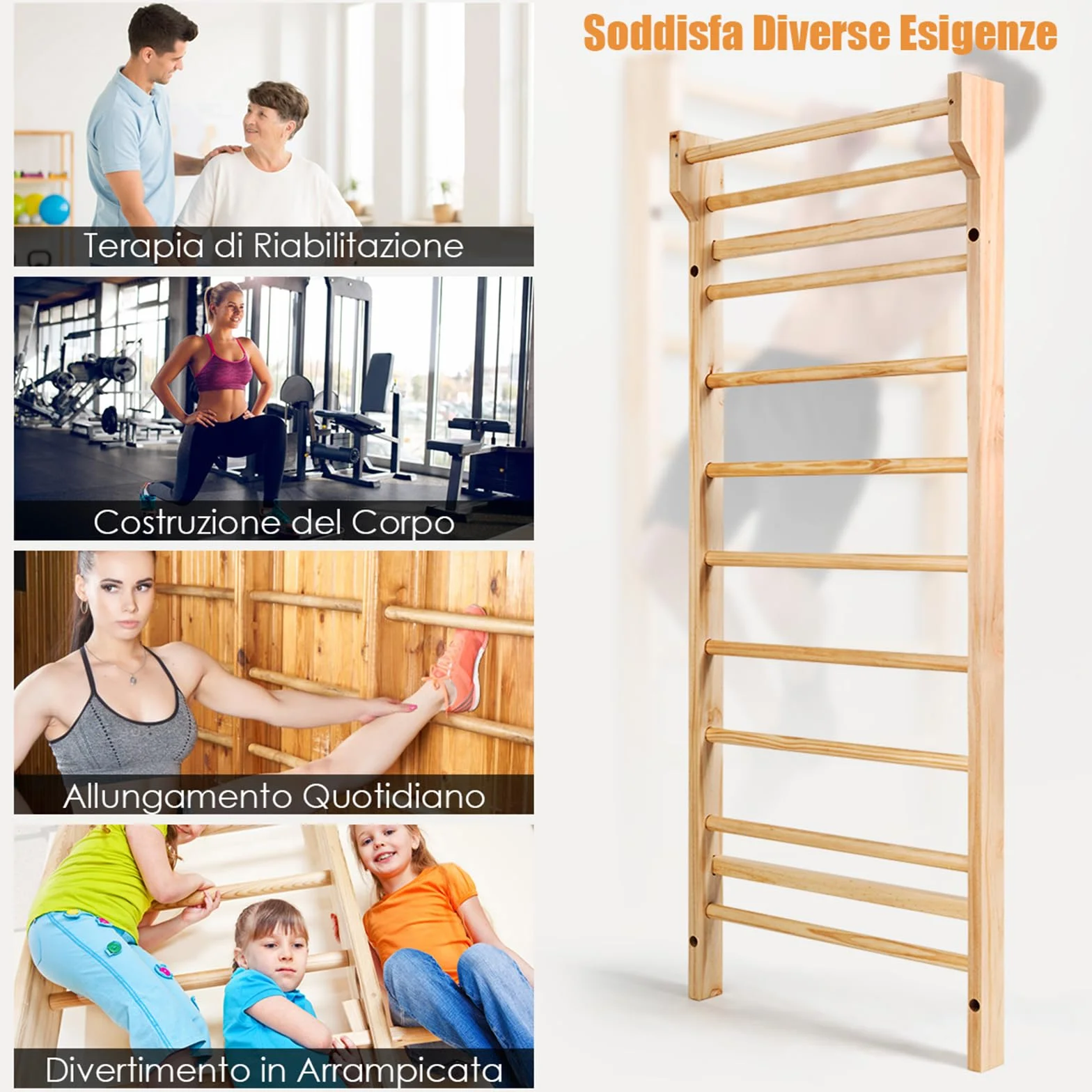 COSTWAY Spalliera Svedese Adulti Bambini Legno 10 Gradini Carico Massimo 100 kg 195x80x14 cm