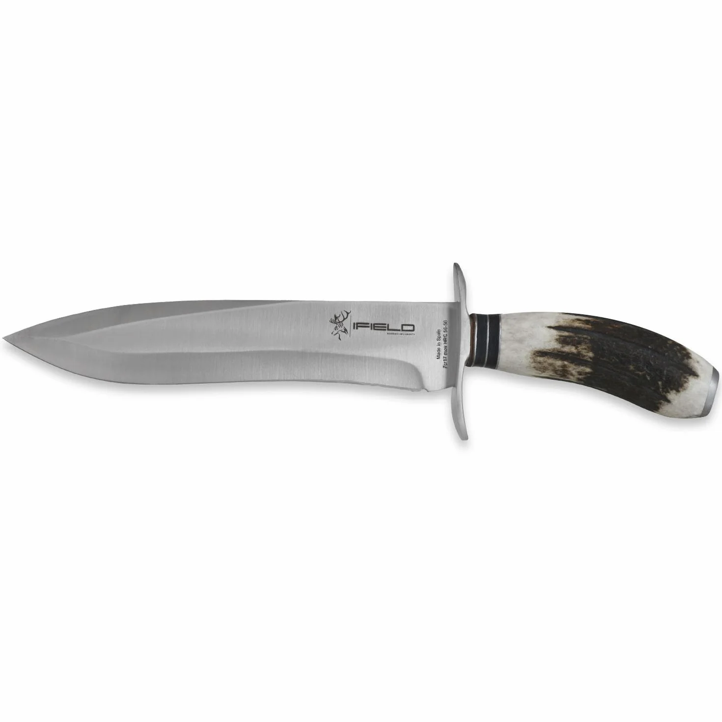 iFIELD EL29012 Coltello multifunzionale per la caccia, la sopravvivenza e le escursioni all'aperto, acciaio inossidabile 7Cr17 e corno di cervo con distanziali in pelle