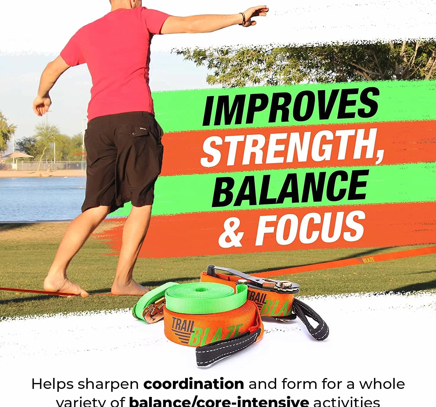 Slackline Kit completo per principianti Cinghia di apprendimento protezioni per albero borsa per il trasporto tecnologia cricchetto impugnatura ergonomica