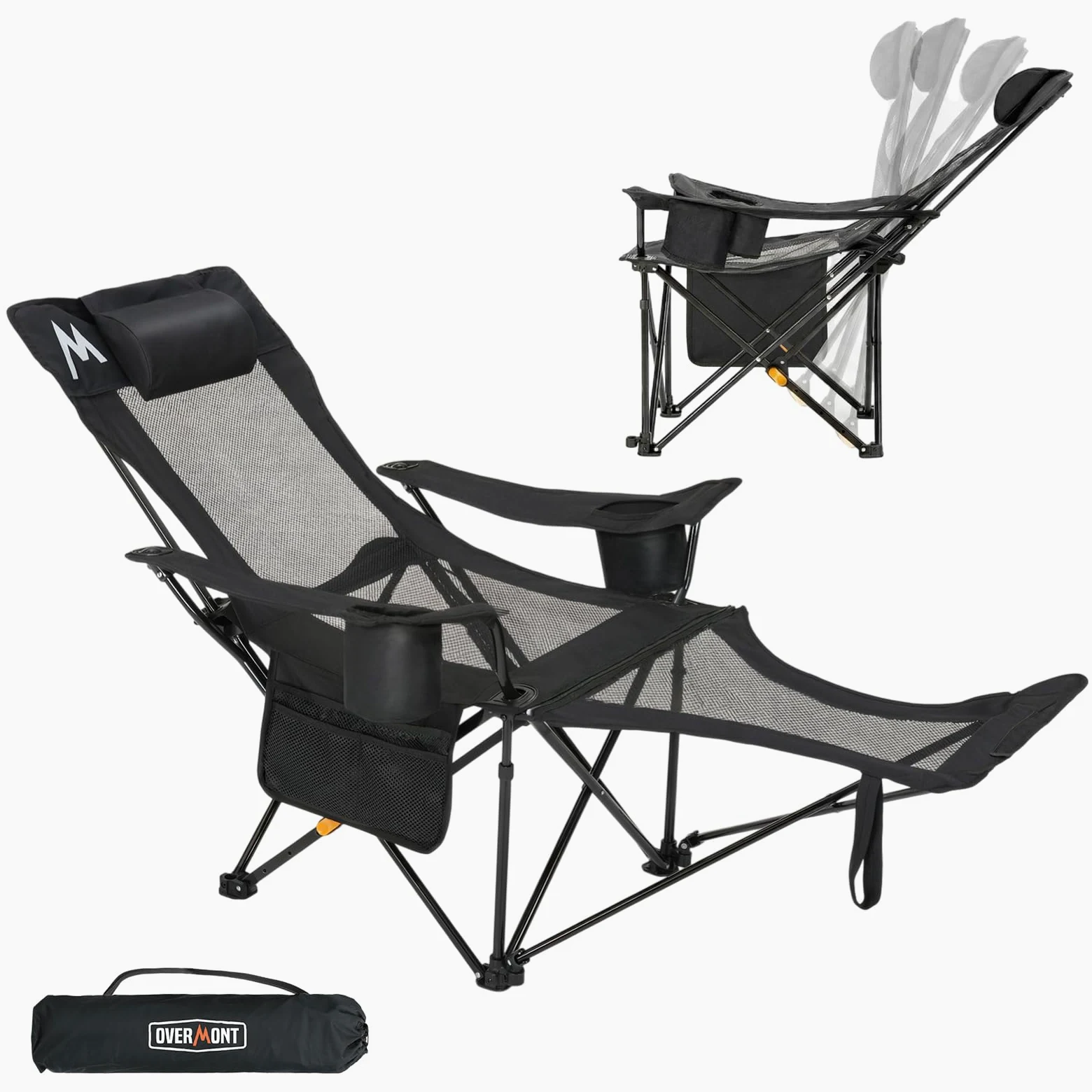 OVERMONT Sedia da Campeggio Pieghevole - 2 in 1 con Poggiapiedi, Schienale Regolabile 4 Posizioni, Sedia a Sdraio Reclinabile 136 kg, con Poggiatesta e Borsa - per Campeggio,Spiaggia,Giardino e Pesca