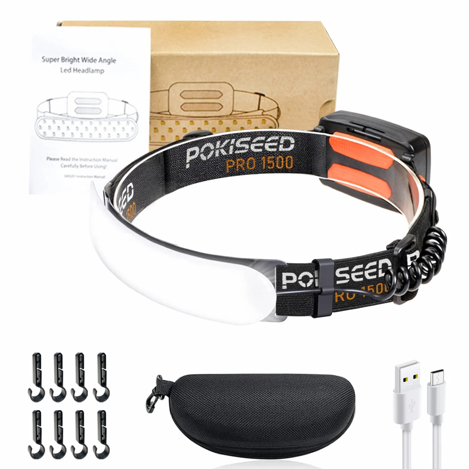 POKISEED Torcia Frontale LED Ricaricabile 1500 Lumen 230° Grandangolo USB-C 5000mAh IPX6
