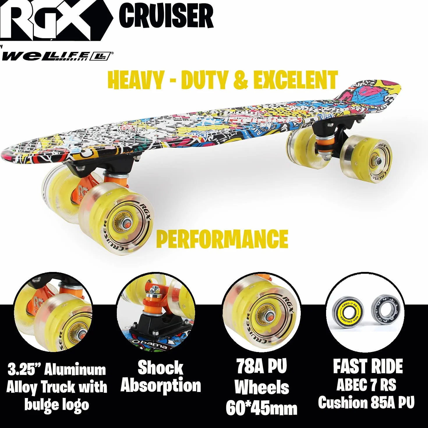 WeLLIFE Mini Cruiser Skateboard 22" 56cm RGB LED Wheels 78A PU ABEC-7RS