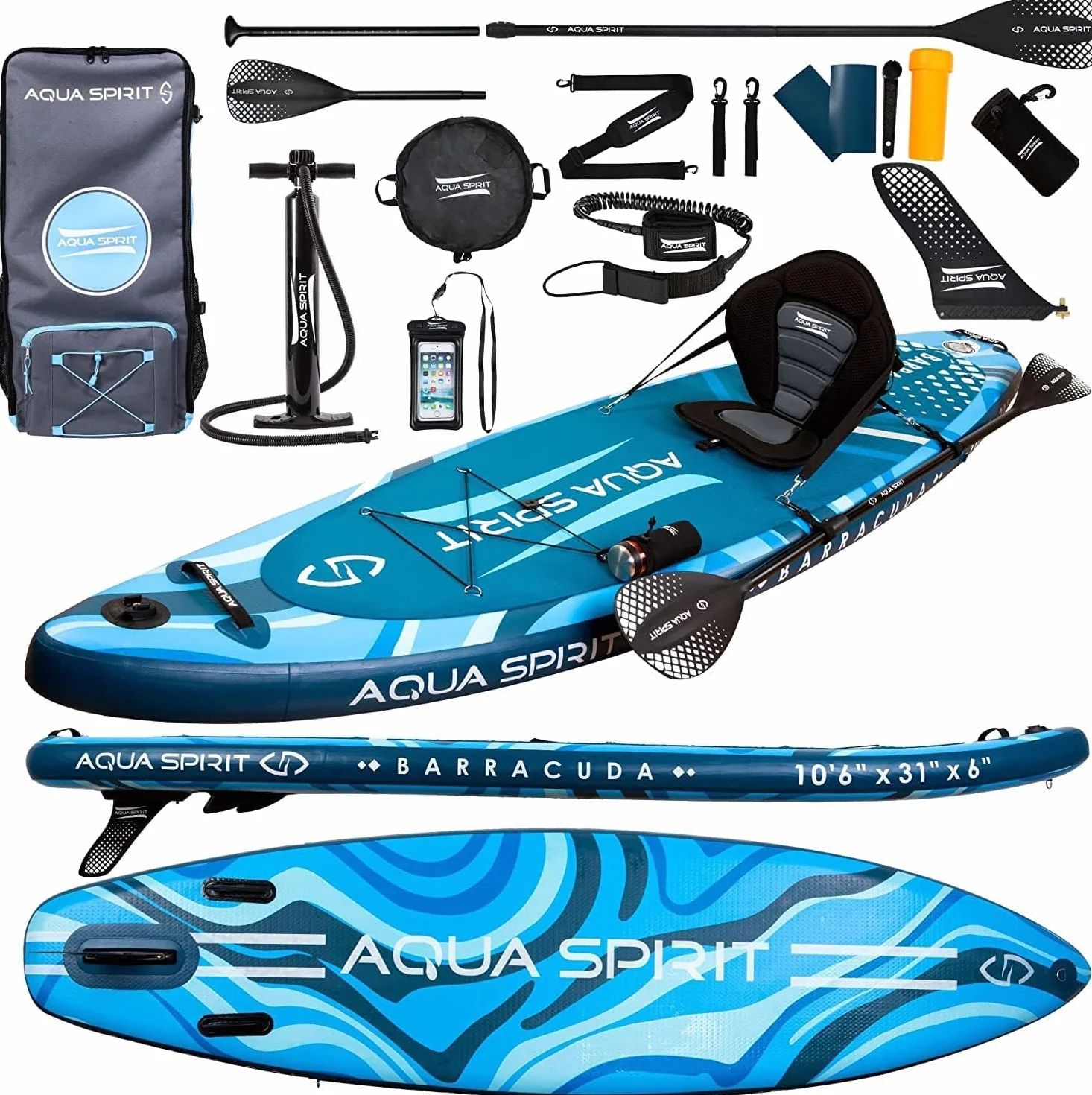 Aqua Spirit Tavola gonfiabile SUP paddle 3 m 10 m 3,8 m 4,5 m 45 cm kit convertibile SUP kayak pagaia zaino pompa