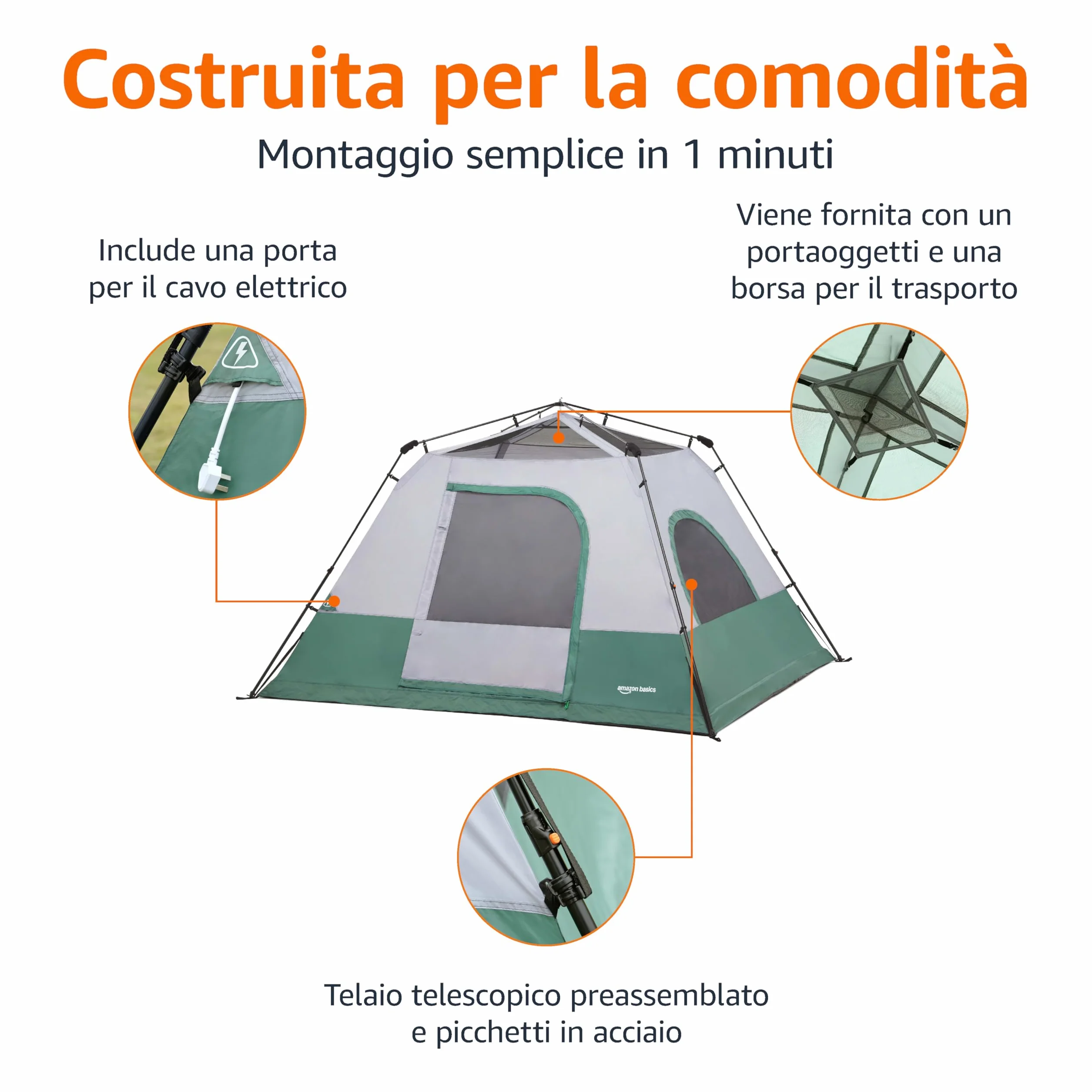 Amazon Basics Tenda da campeggio istantanea con telo antipioggia e borsa per il trasporto