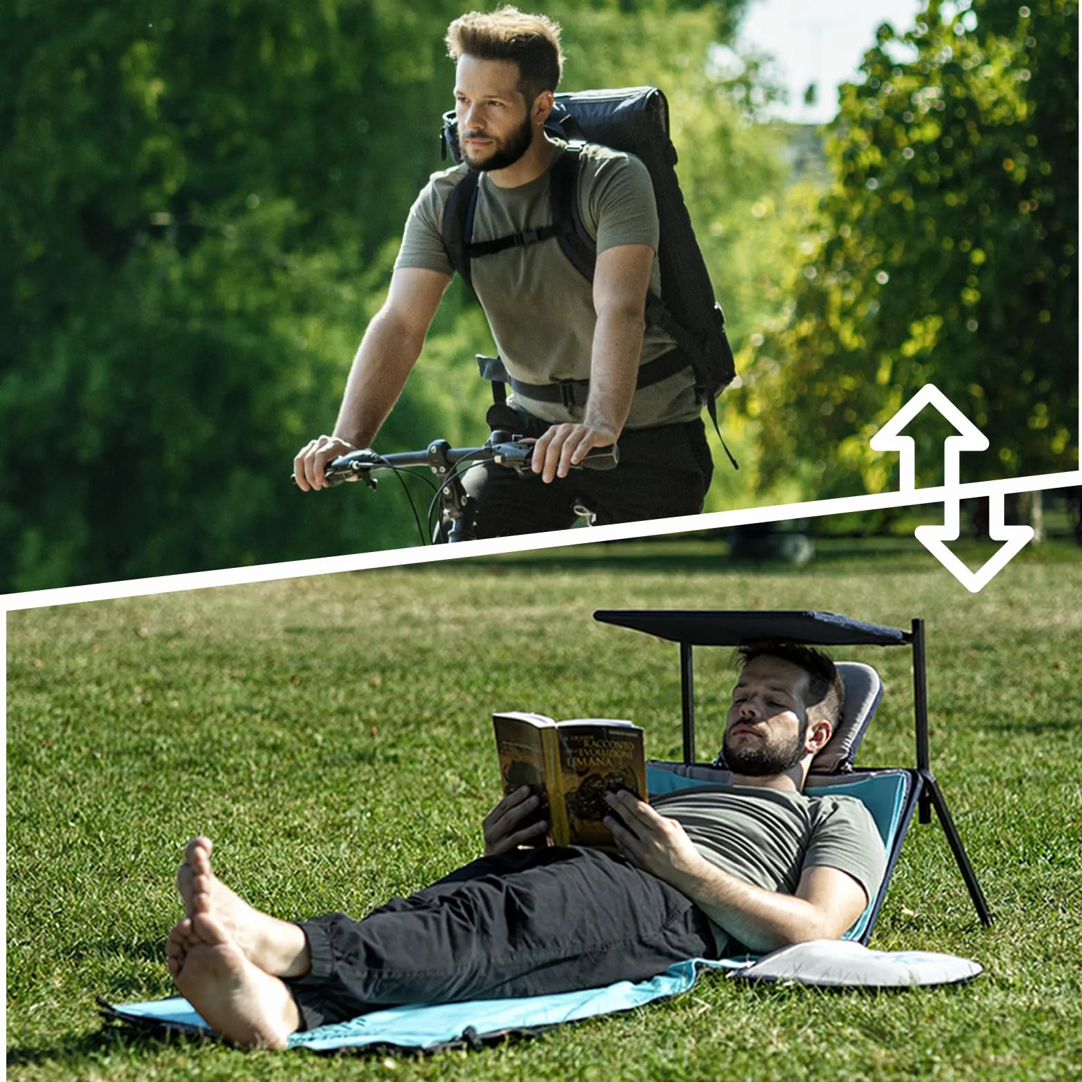 SunBack | Zaino 35 L Trasformabile in Lettino Prendisole con Parasole, Zaino 2 in 1 con Sdraio Pieghevole Integrata, Lettino da Spiaggia Portatile per Mare, Campeggio e Outdoor, Brevettato