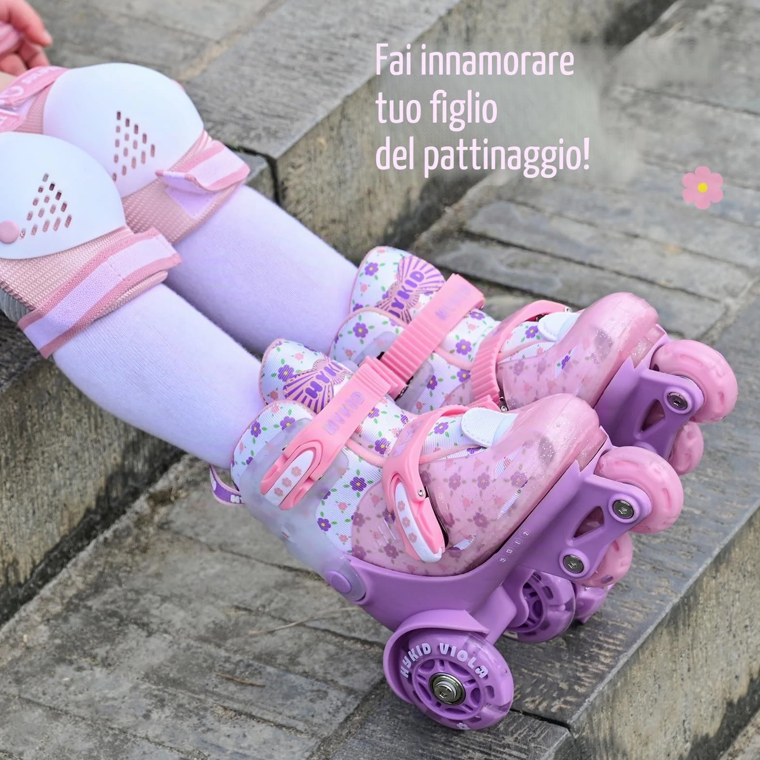 Pattini a Rotelle Bambina 4 Misure Regolabili, Struttura 3 Punti Stabile, Ruote Illuminate