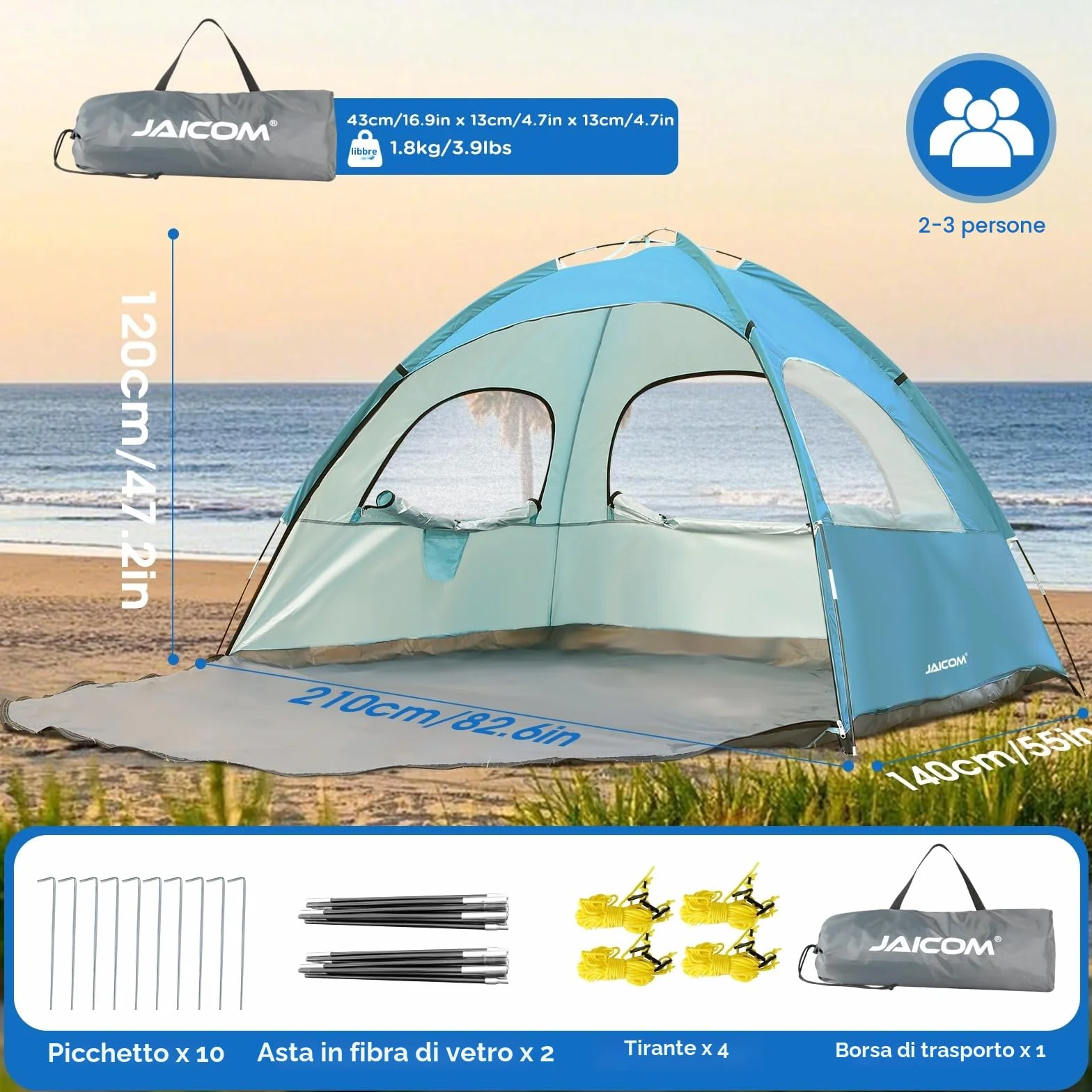 JAICOM Tenda da spiaggia 2-3 persone protezione UV UPF 50+