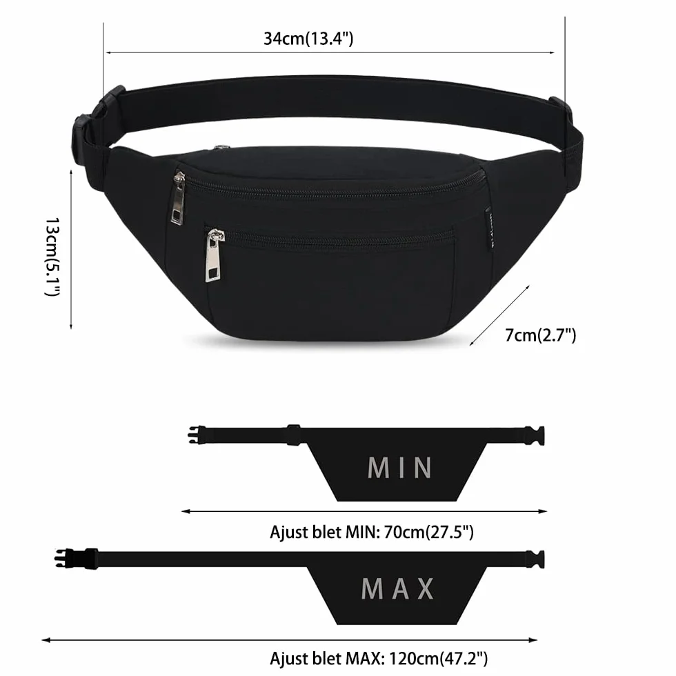 Marsupio Sportivo Uomo Donna Grande 4 Zip Tasche Cintura Regolabile Fibbia Sgancio Rapido Waist Bag Nylon Impermeabile Ciclismo Running Escursionismo Campeggio (Nero)