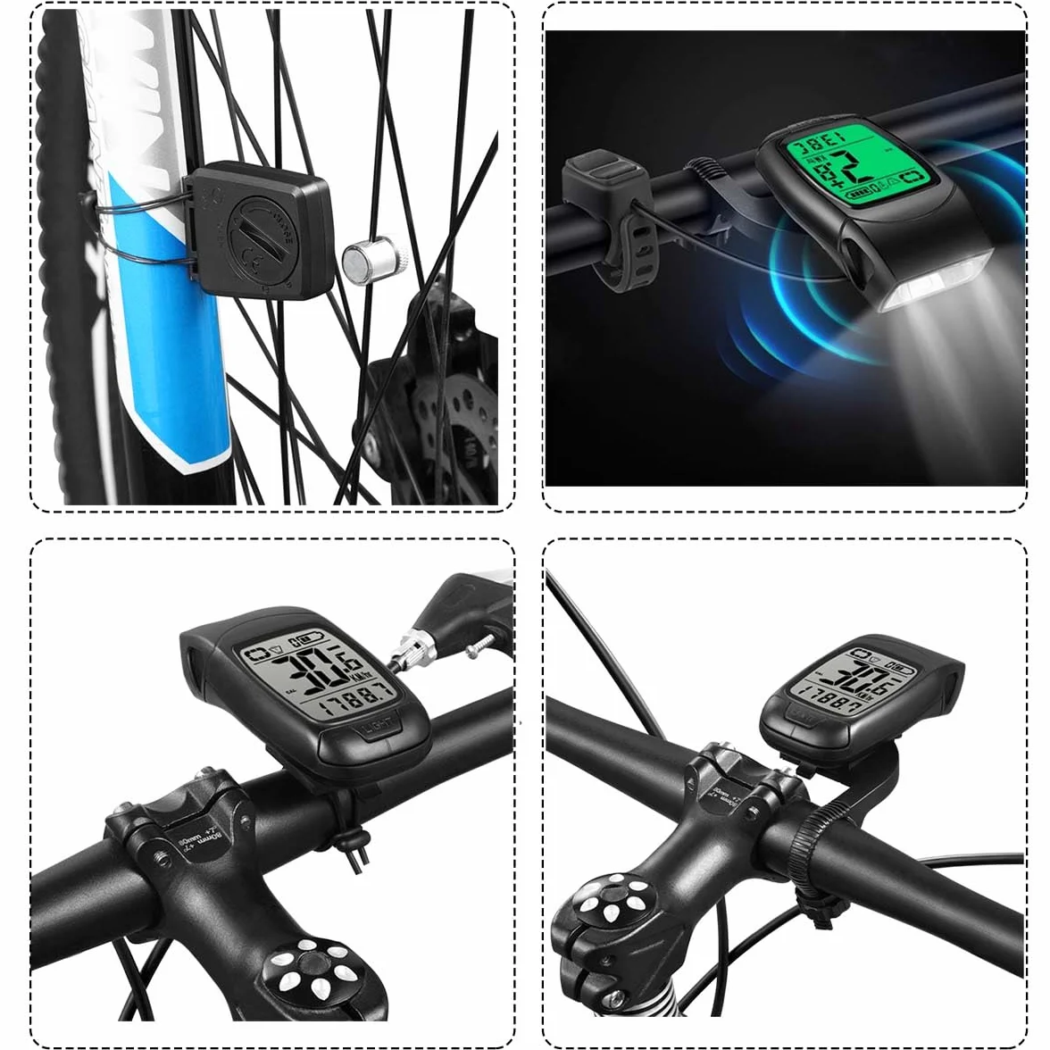 Wireless Tachimetro Bici Luci LED Campanello Impermeabile IPX5 Computer Bicicletta Ricaricabile 3 in 1