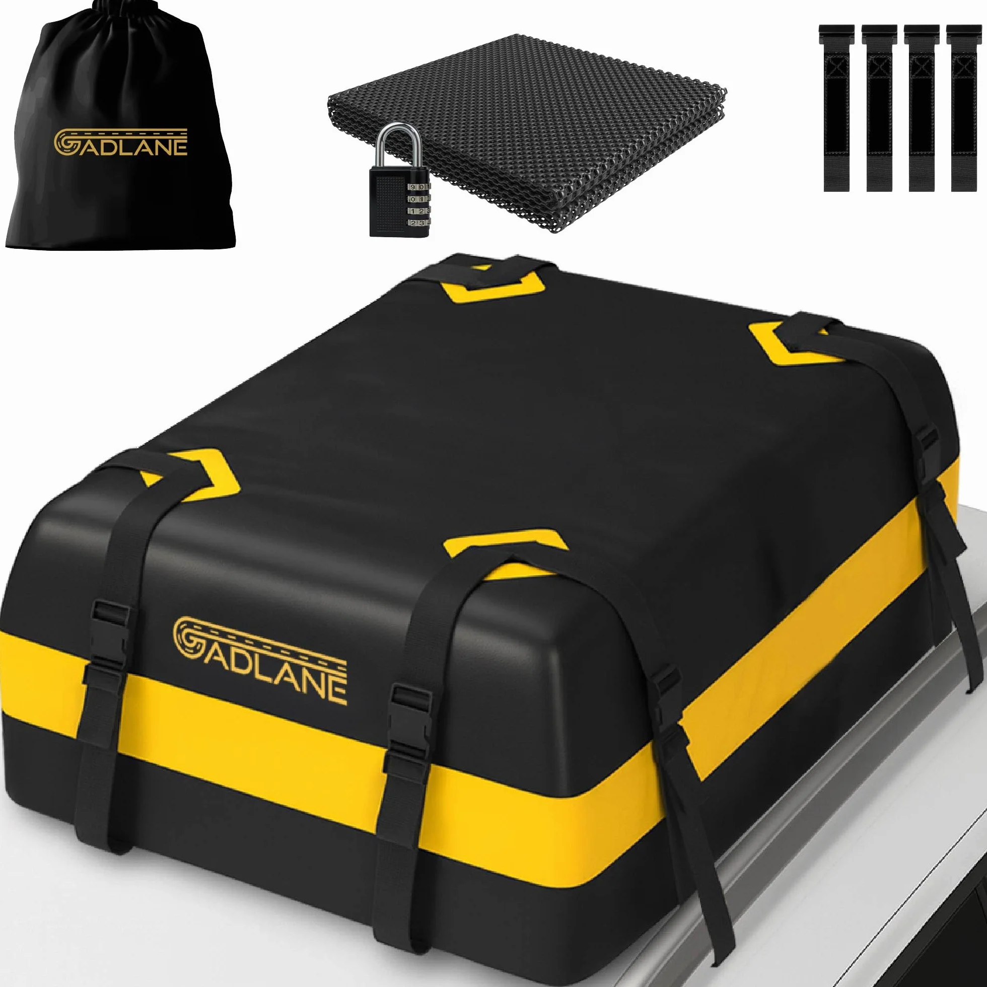 GADLANE Borsa da Tetto per Auto - 425L Box da Tetto Impermeabile per Auto con/senza Portapacchi, con Tappetino Antiscivolo, 4 Cinghie Robuste, Lucchetto a Combinazione, Borsa Portaoggetti (Gialla)