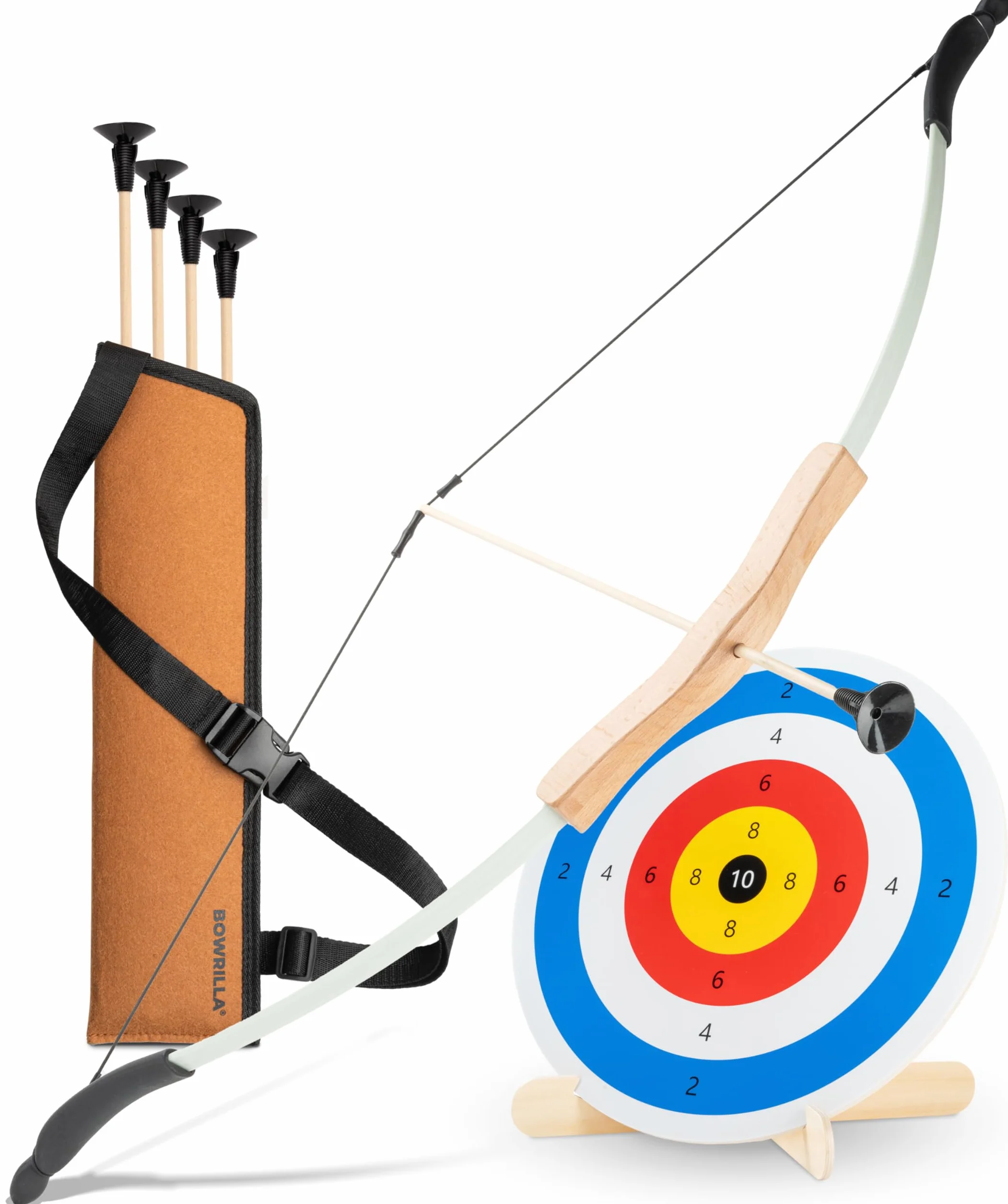 BOWRILLA® Set di frecce e arco per bambini con 4 frecce a ventosa, bersaglio in legno e faretra