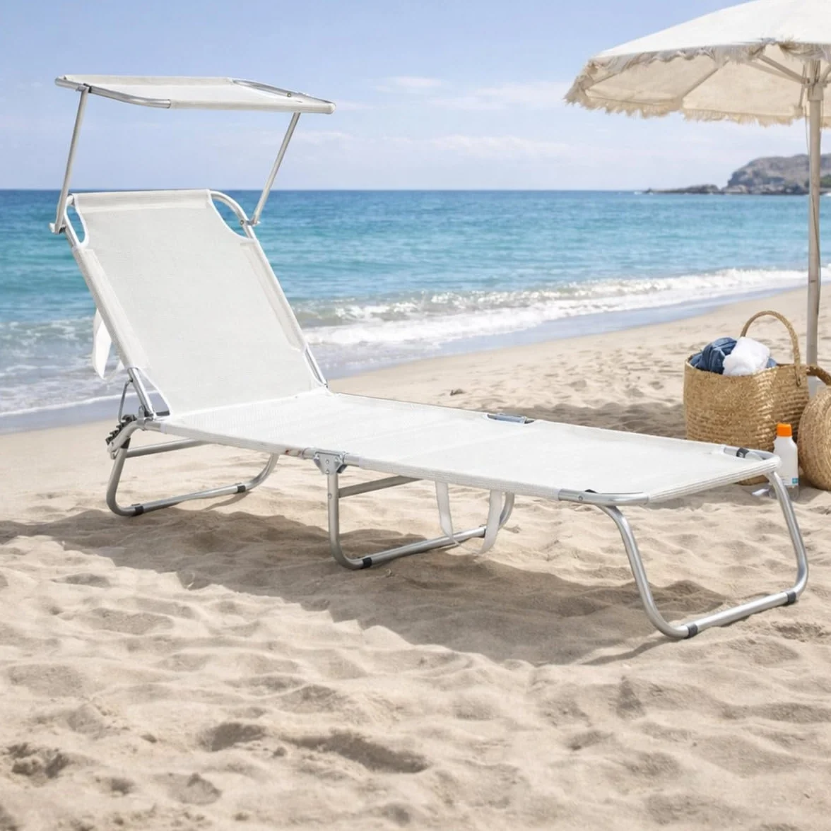 Yellowshop - Set 2 Lettini Prendisole con Tettuccio Parasole CROSS, Pieghevoli, Schienale Reclinabile, Alluminio Leggero, Giardino, Spiaggia, Piscina, Colori Blu Mix e Bianco (Bianco)