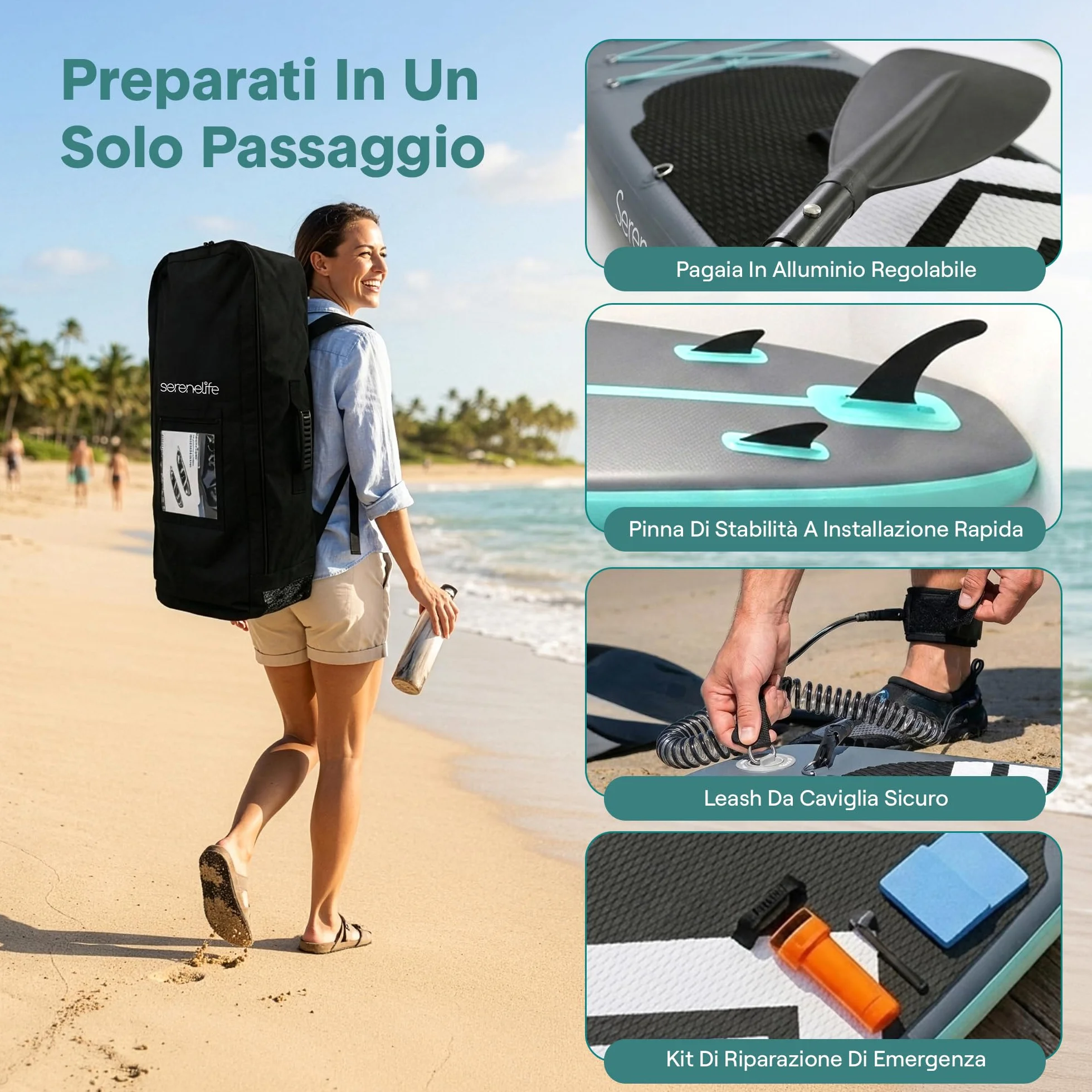 SereneLife SUP Gonfiabile Tavola Stand Up Paddle Board Ultraleggera Larga Stabile Deck EVA Antiscivolo Accessori Premium Capacità 159 kg
